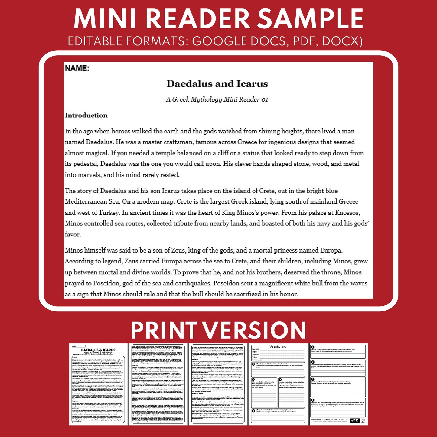 Free Daedalus and Icarus — Greek Mythology Mini Reader #01 | Grades 6–12
