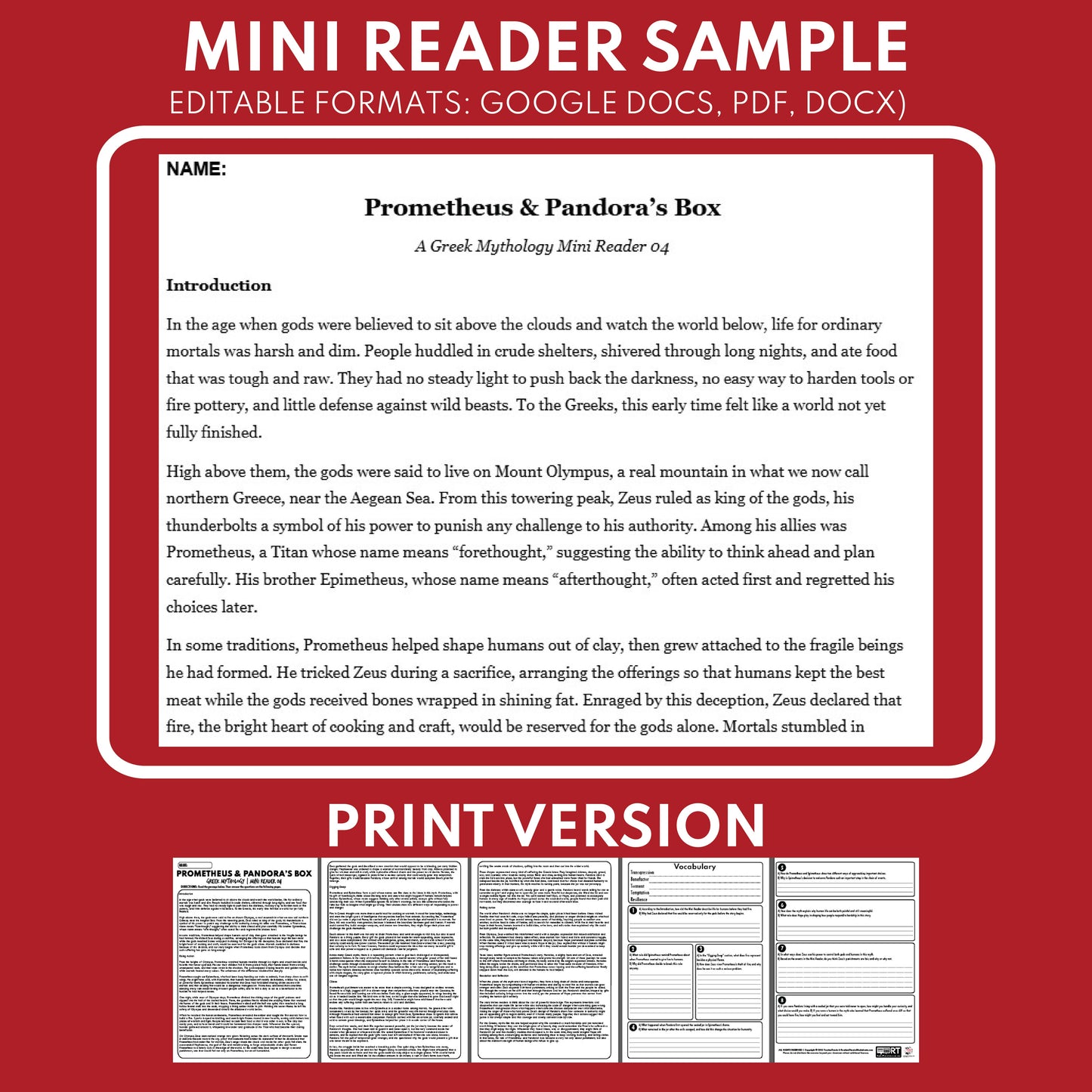 Prometheus and Pandora's Box — Greek Mythology Mini Reader #04 | Grades 6–12