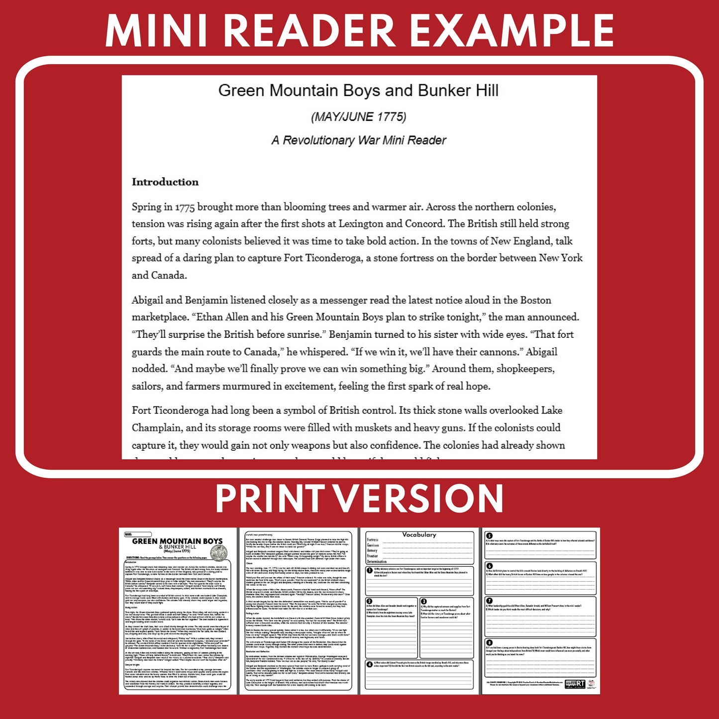 The Green Mountain Boys and Bunker Hill U.S. History Mini Reader Lesson for Grades 5-8