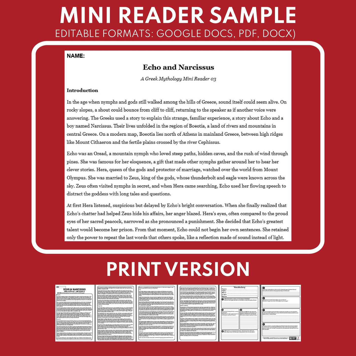 Echo and Narcissus — Greek Mythology Mini Reader #03 | Grades 6–12