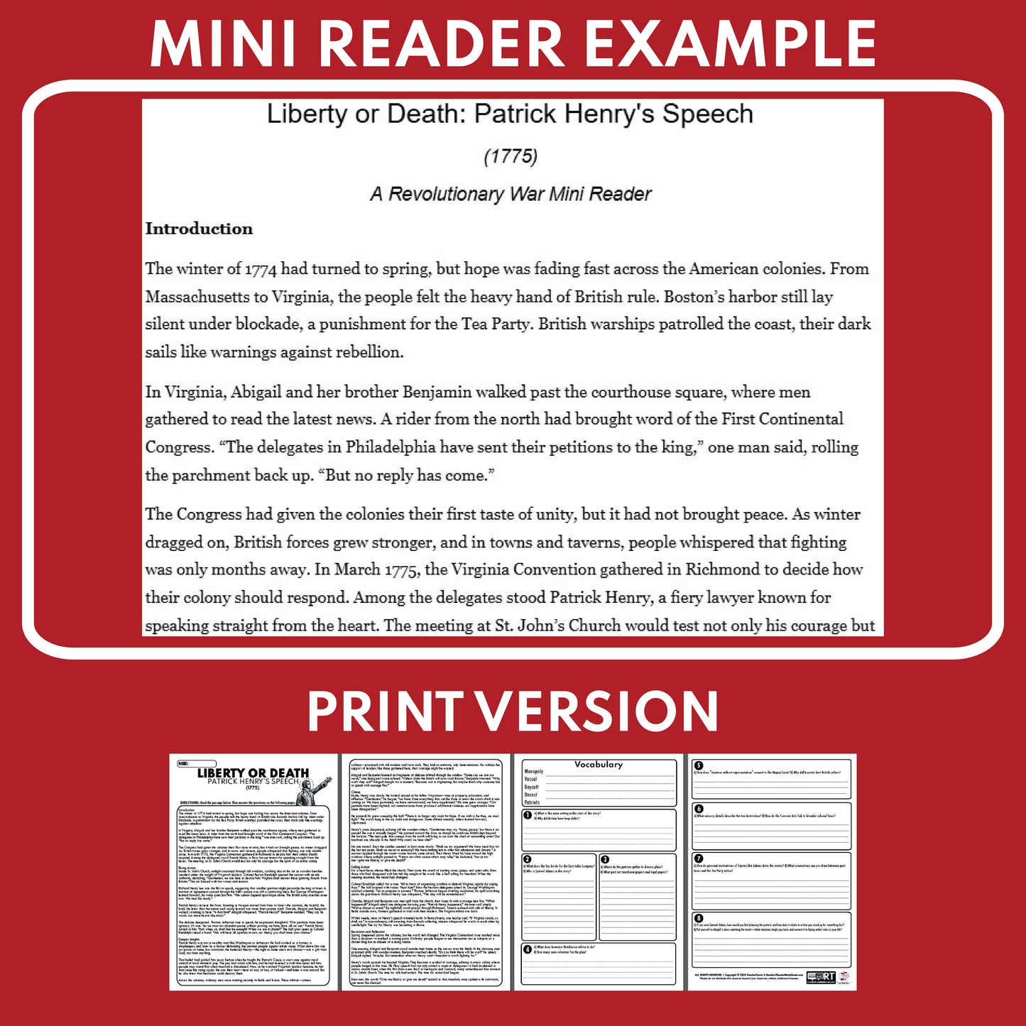 Liberty or Death: Patrick Henry’s Speech U.S. History Mini Reader Lesson for Grade 5+