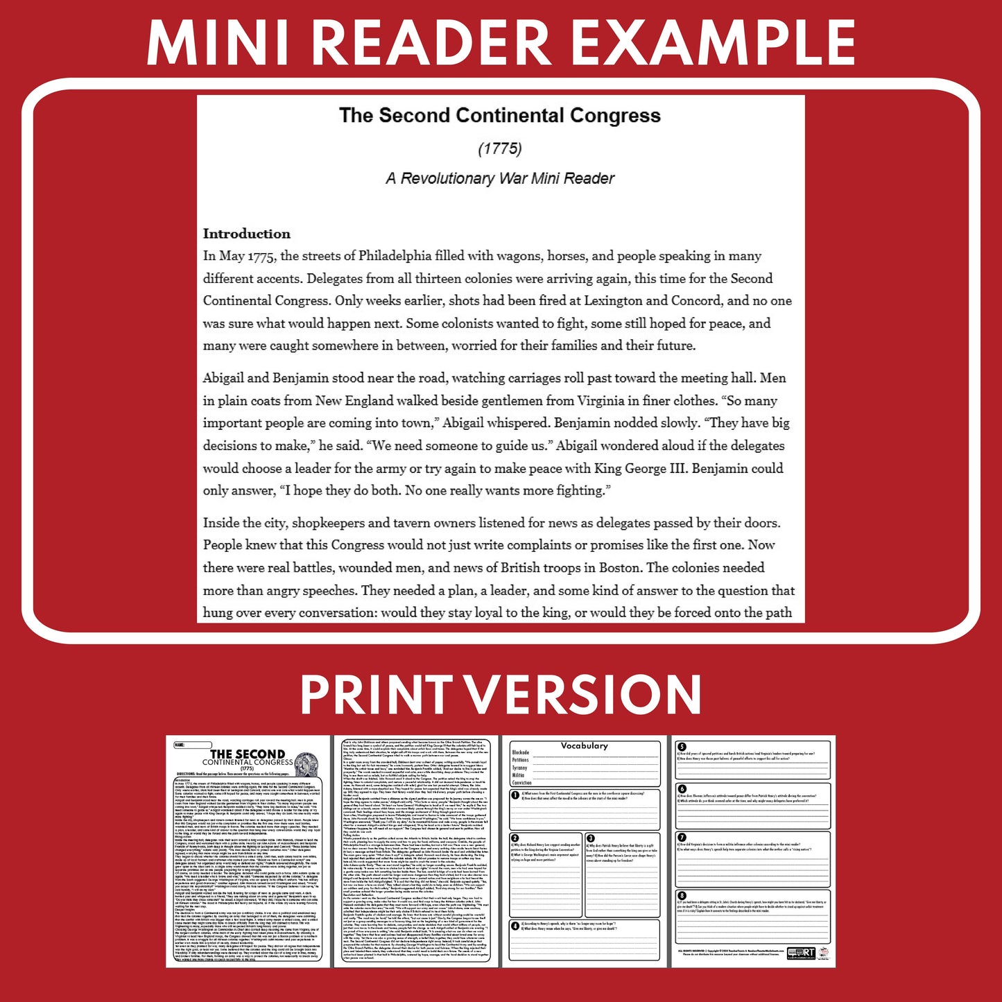 The Second Continental Congress 1776 U.S. History Mini Reader Lesson for Grade 5-8
