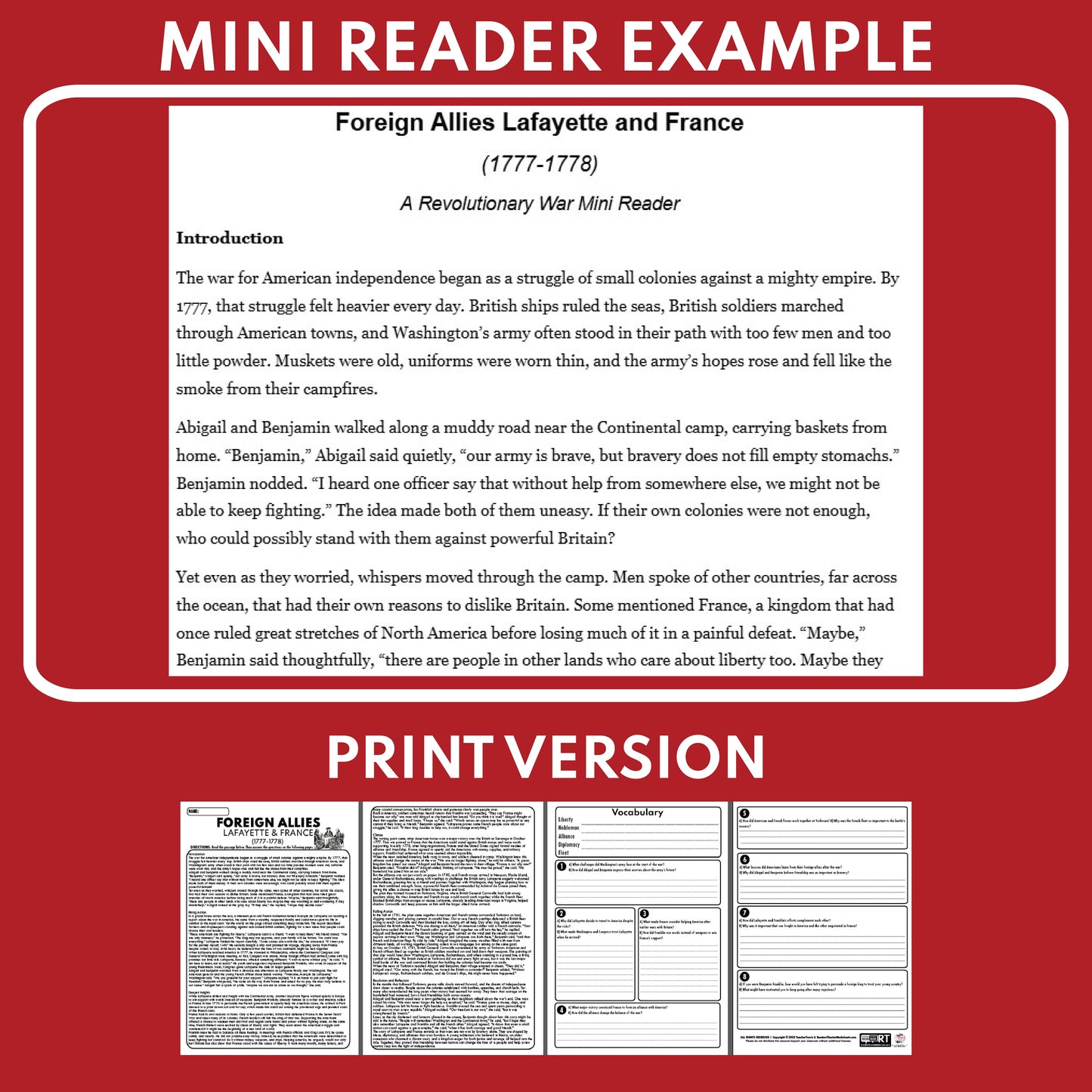 Foreign Allies: Lafayette and France U.S. History Mini Reader Lesson for Grade 5-8