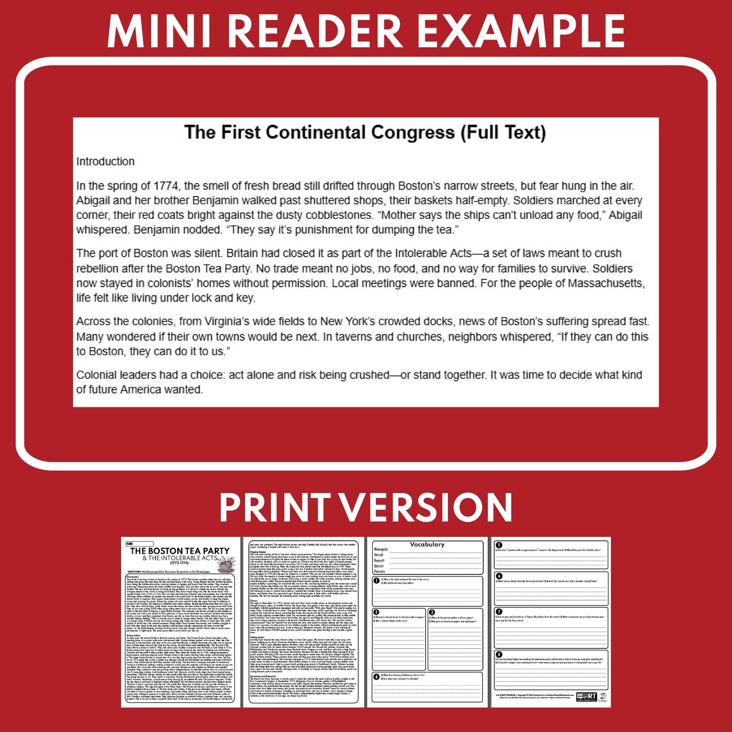 The First Continental Congress U.S. History Mini Reader Lesson for Grade 5+