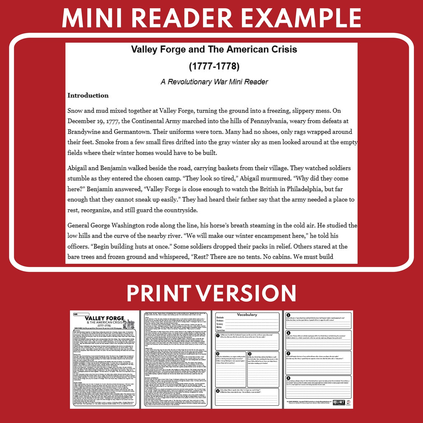 Valley Forge and The American Crisis U.S. History Mini Reader Lesson for Grade 5-8
