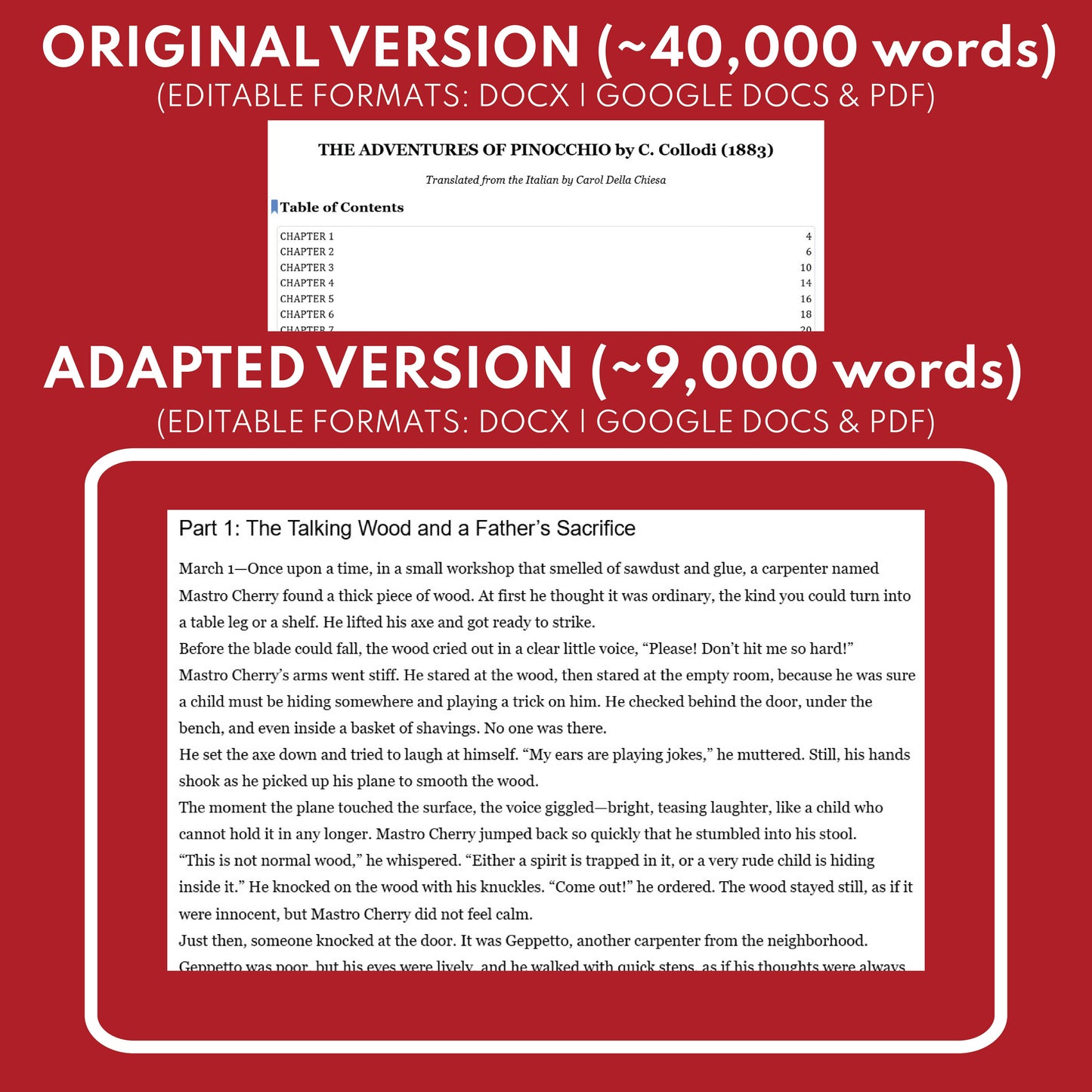 The Adventures of Pinocchio by Carlo Collodi Differentiated Study Guide Lit Set for Grades 3 to 5