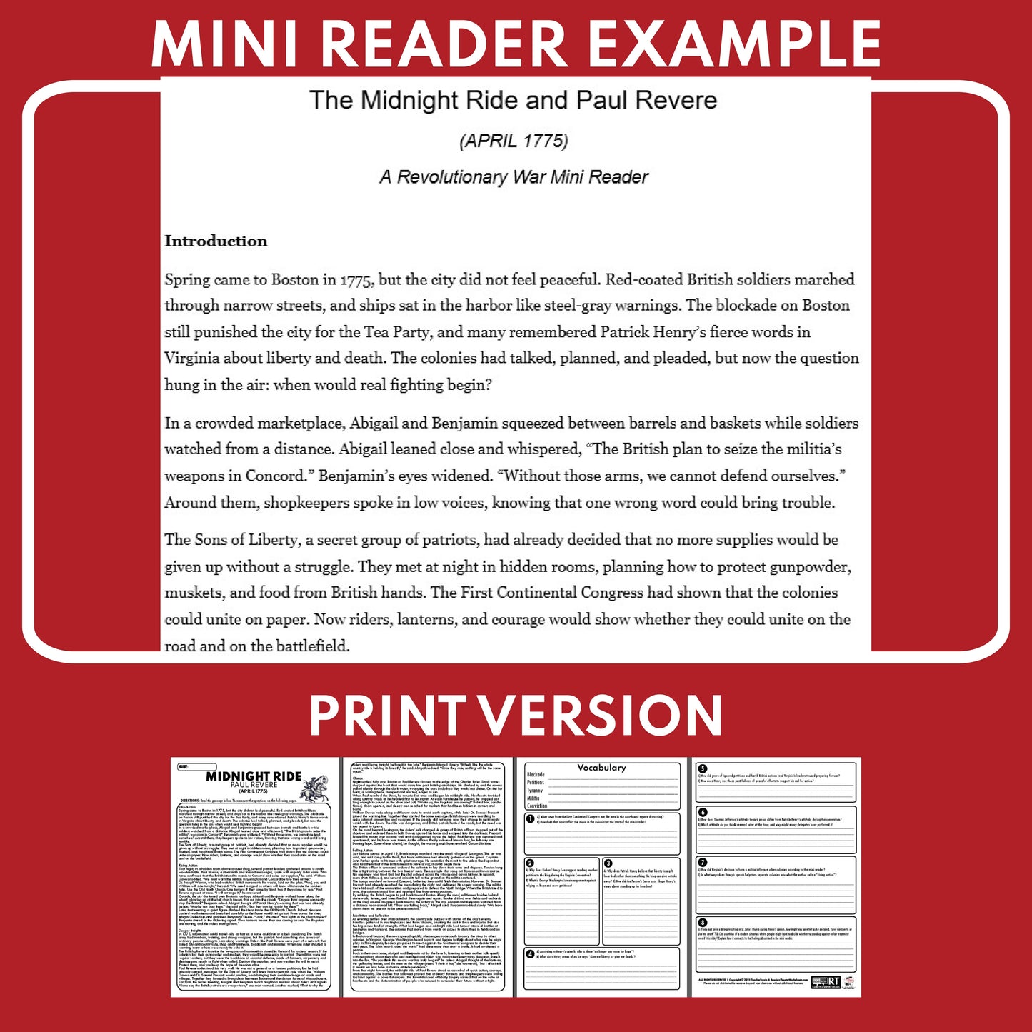 The Midnight Ride and Paul Revere U.S. History Mini Reader Lesson for Grade 5+