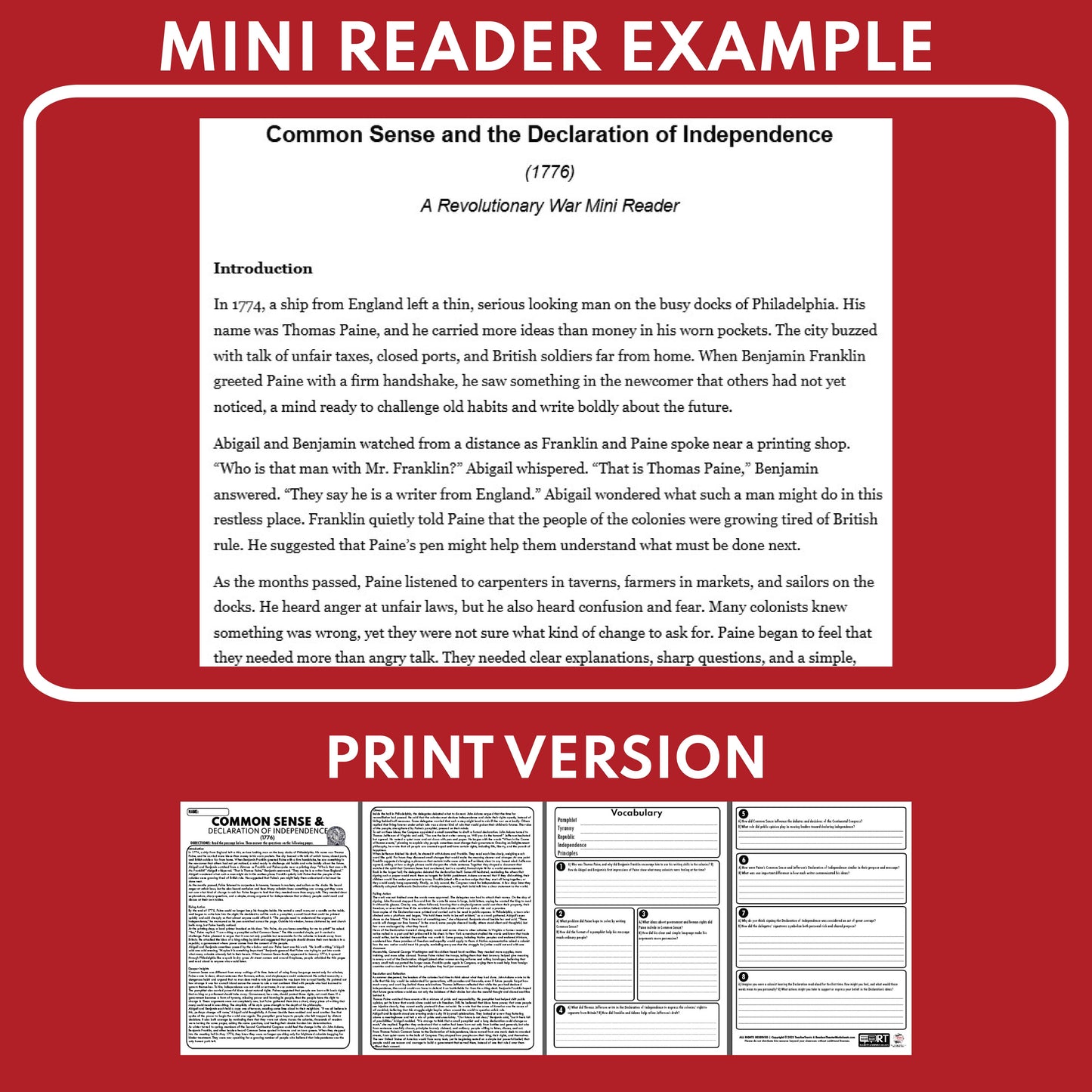 Common Sense and the Declaration of Independence U.S. History Mini Reader Lesson for Grade 5-8