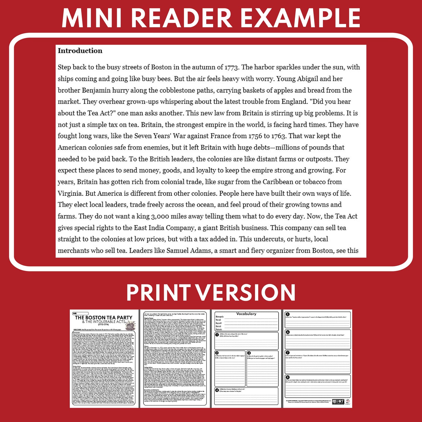 The Boston Tea Party & Intolerable Acts | FREE U.S. History Mini Reader Lesson for Grade 5+