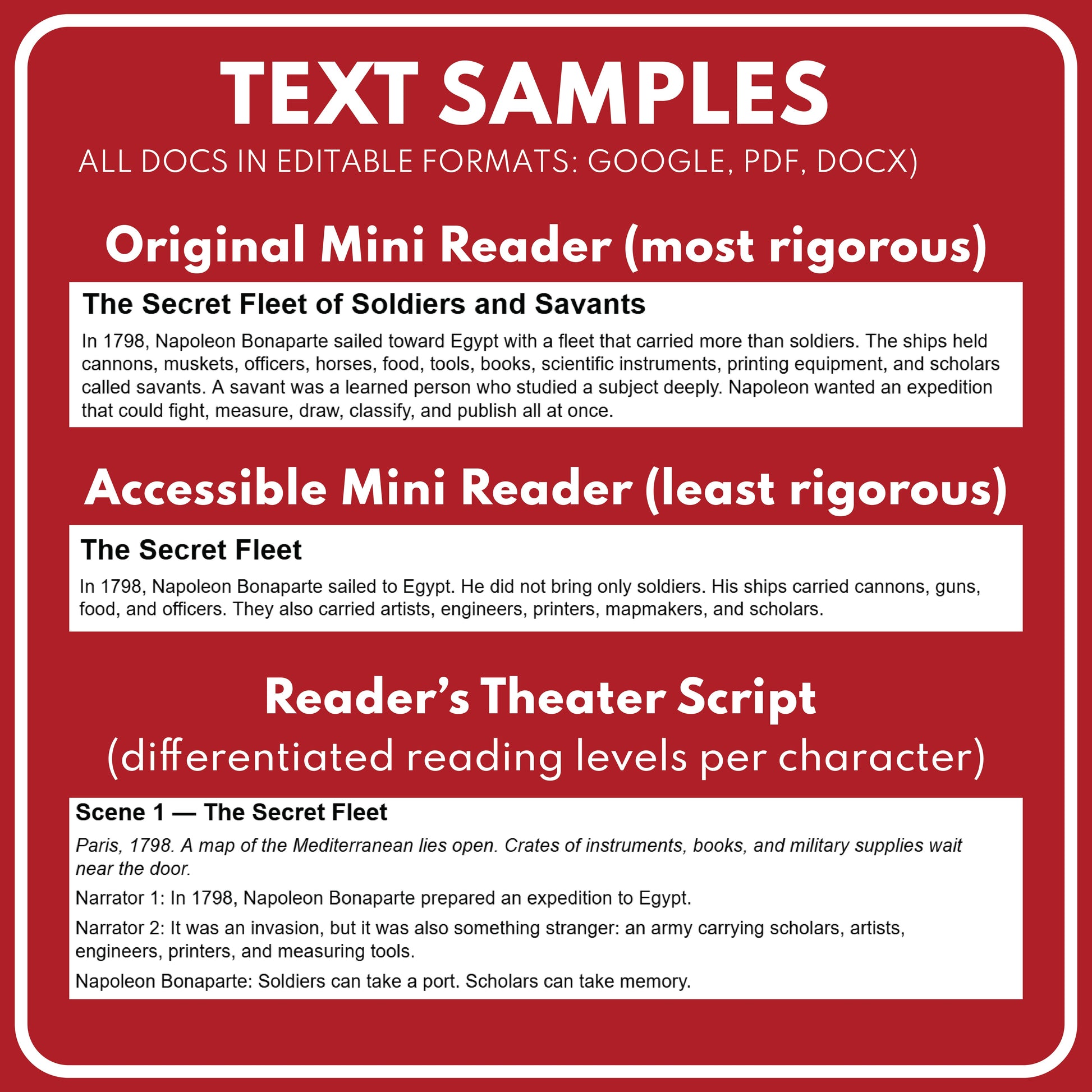 Preview page for the Vivant Denon and Napoleon’s Egyptian Expedition Mini Reader + Reader’s Theater mini reader
