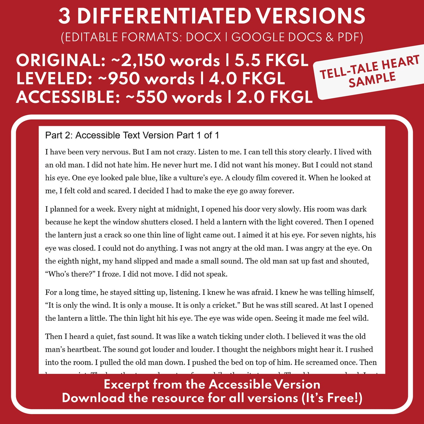 Preview: accessible text excerpt and readability levels (original, leveled, accessible)