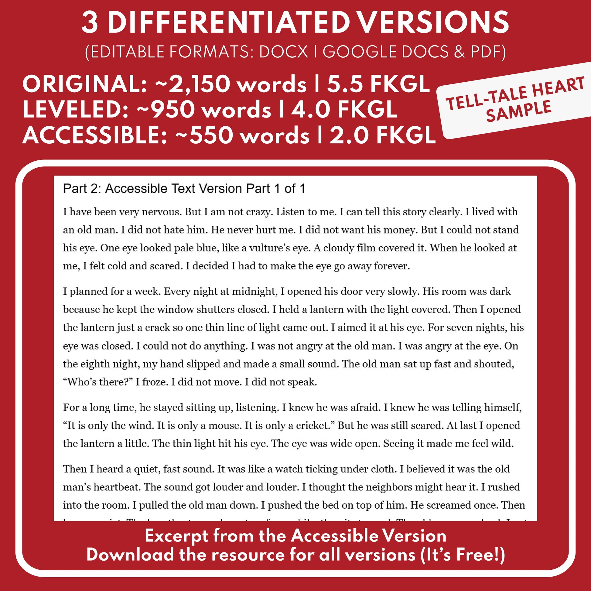 Preview: accessible text excerpt and readability levels (original, leveled, accessible)