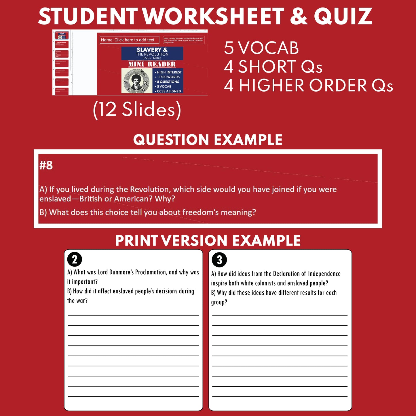 Slavery and the Revolutionary War U.S. History Mini Reader Lesson for Grade 5-8