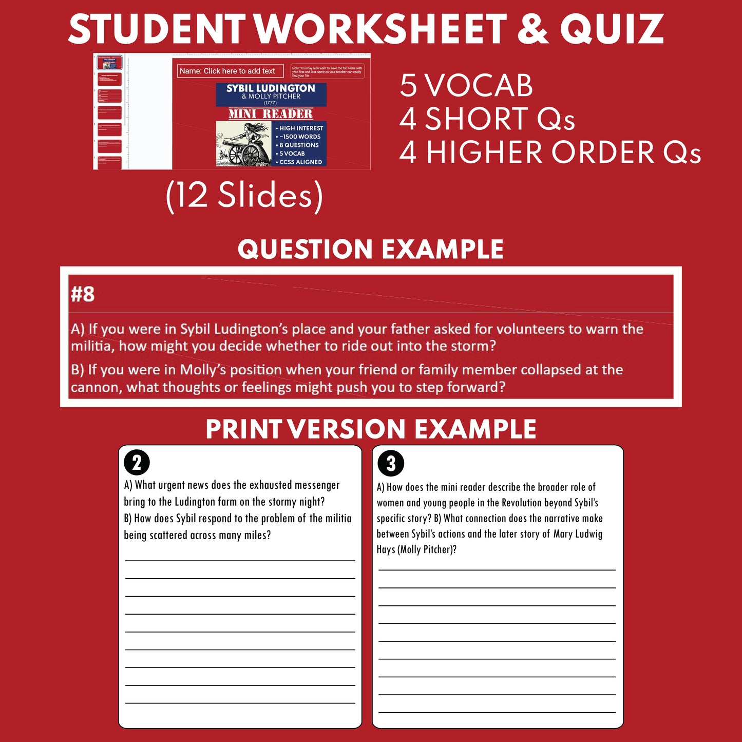 Sybil Ludington and Molly Pitcher | Women in U.S. History Mini Reader Lesson for Grade 5-8