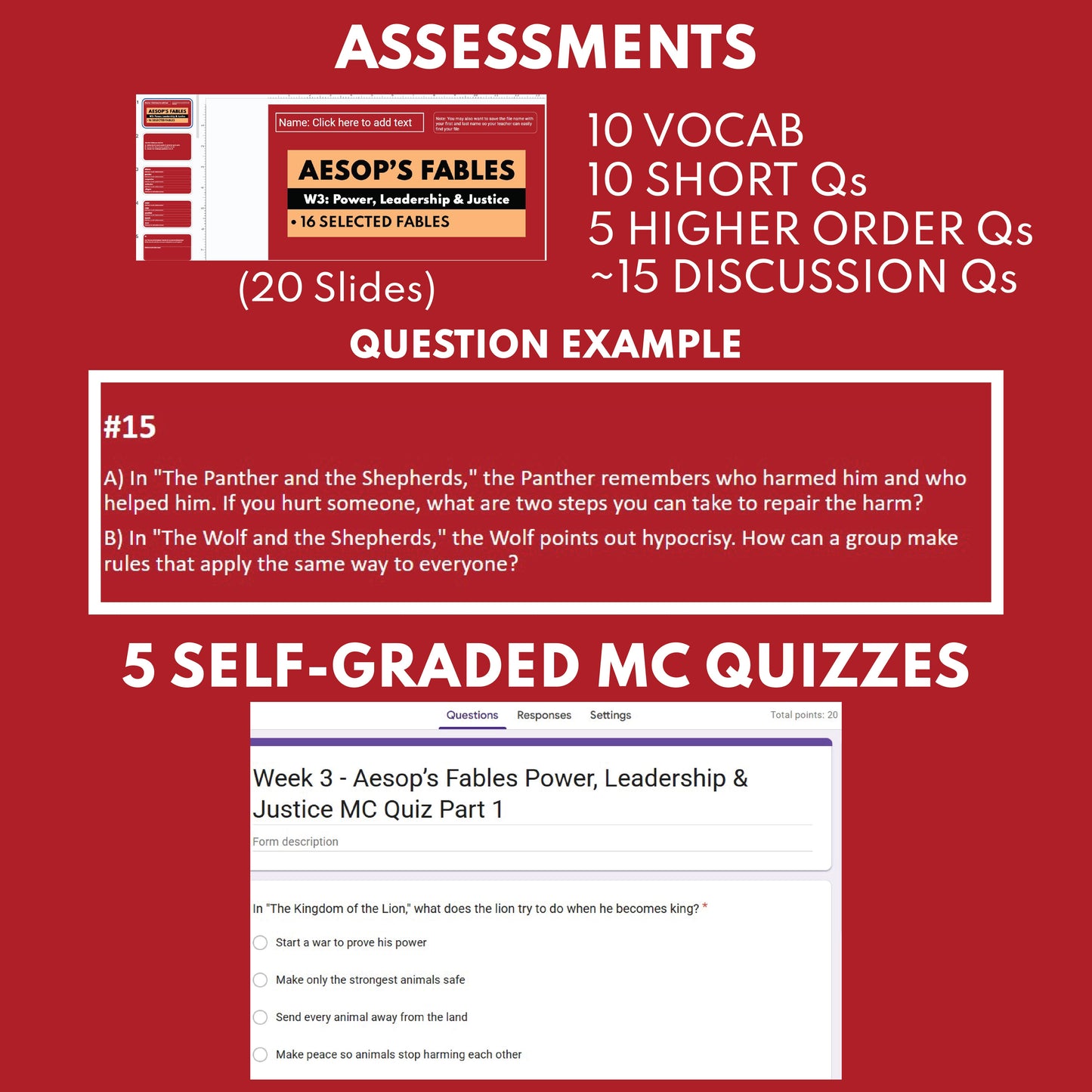 Aesop's Fables Differentiated Study Guide for Grades 3 to 5 | W3 Power, Leadership & Justice