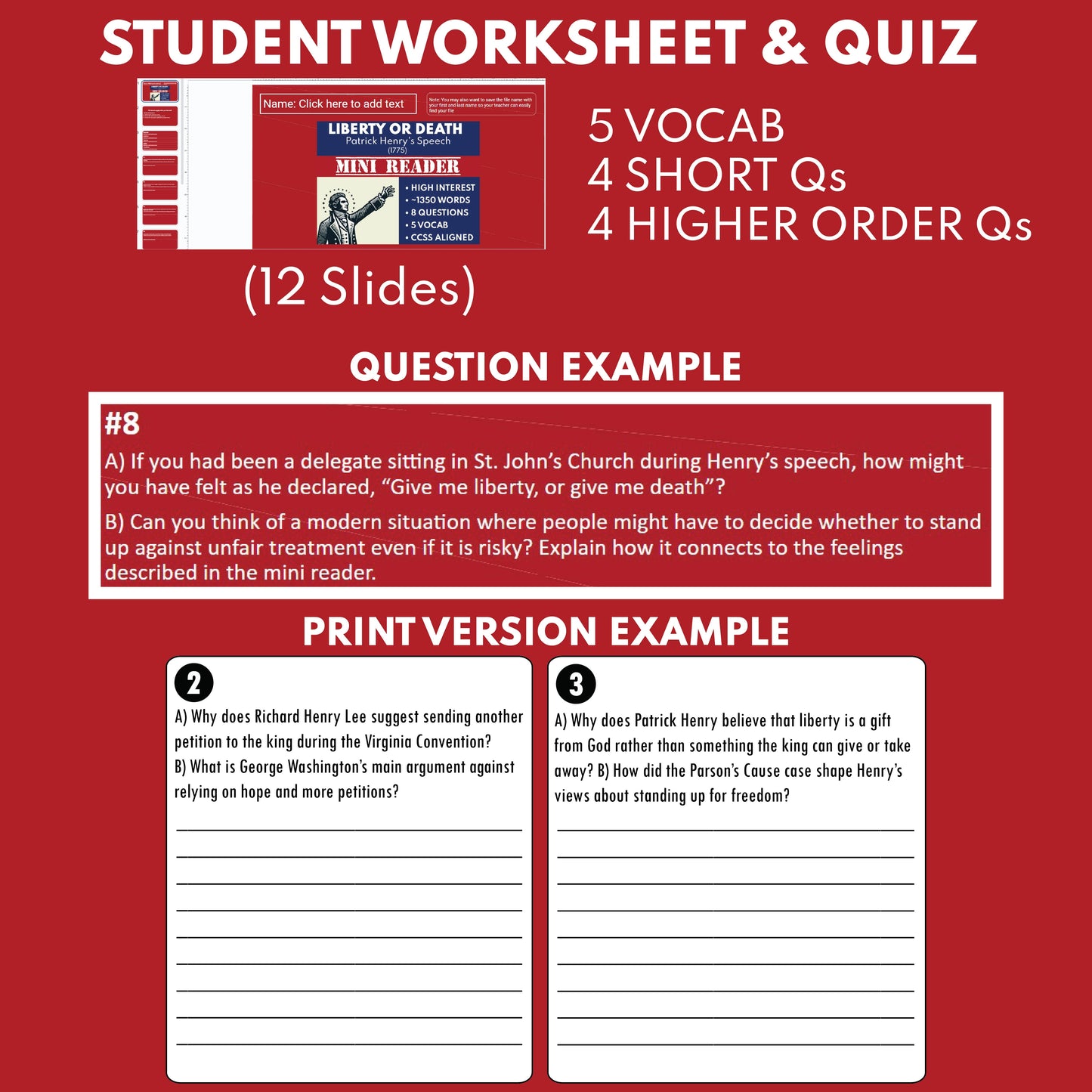 Liberty or Death: Patrick Henry’s Speech U.S. History Mini Reader Lesson for Grade 5+
