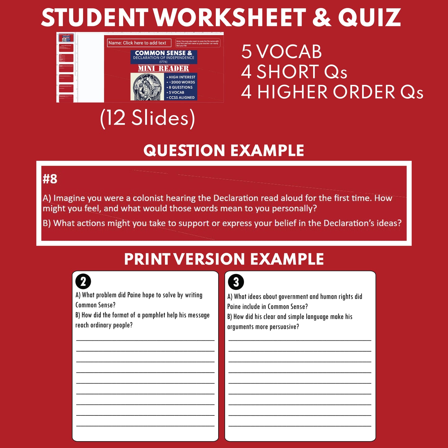 Common Sense and the Declaration of Independence U.S. History Mini Reader Lesson for Grade 5-8