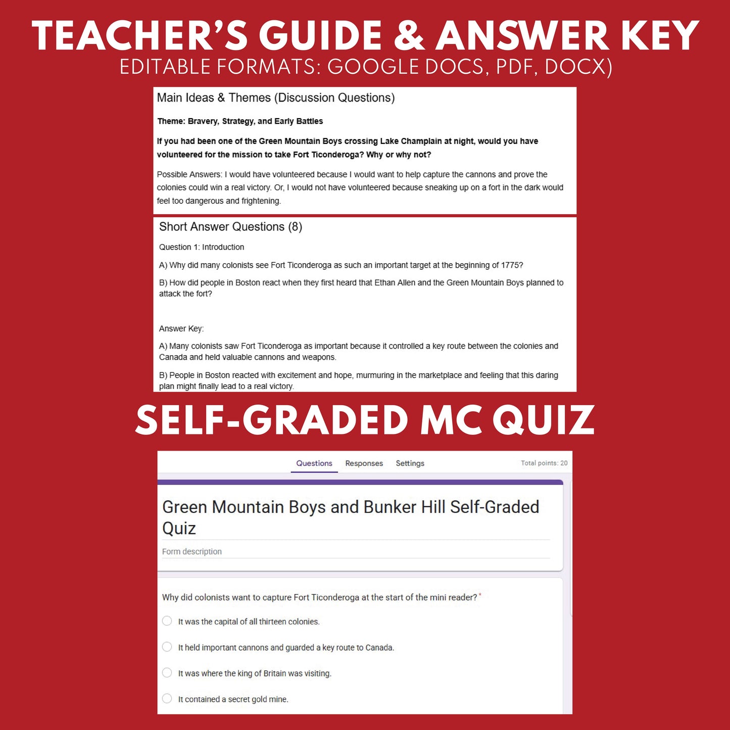 The Green Mountain Boys and Bunker Hill U.S. History Mini Reader Lesson for Grades 5-8