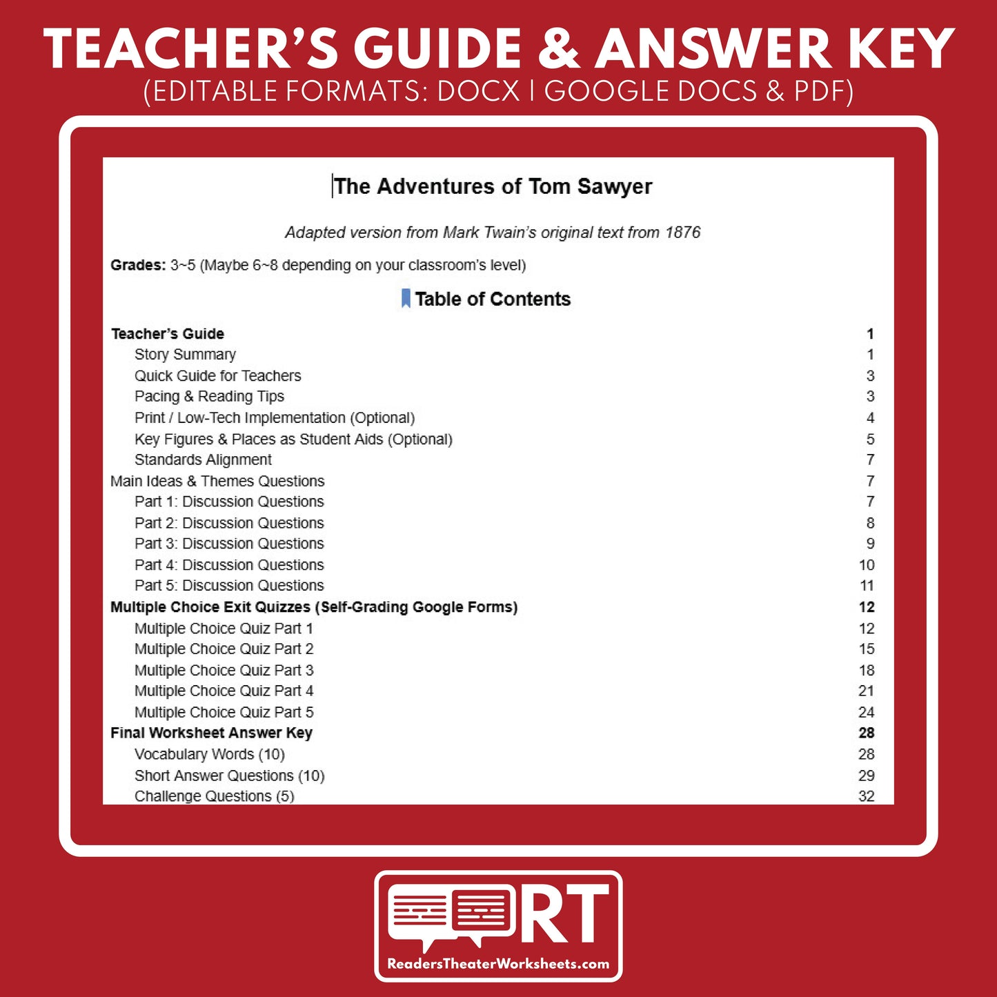 The Adventures of Tom Sawyer Differentiated Novel Study | Twain | Literature Set for Grades 3 to 5