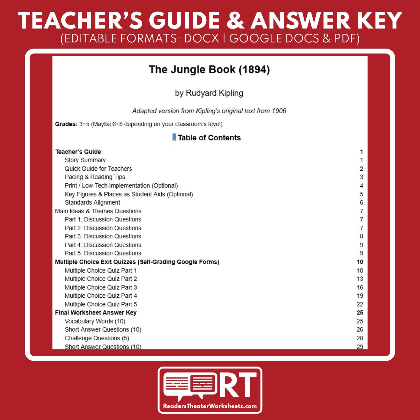 The Jungle Book Differentiated Novel Study | Kipling | Literature Set for Grades 3 to 5