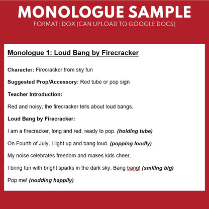 10 Fourth of July Monologues | 10 Short Scripts For Grades 1 to 3 | No Prep Activity PDF