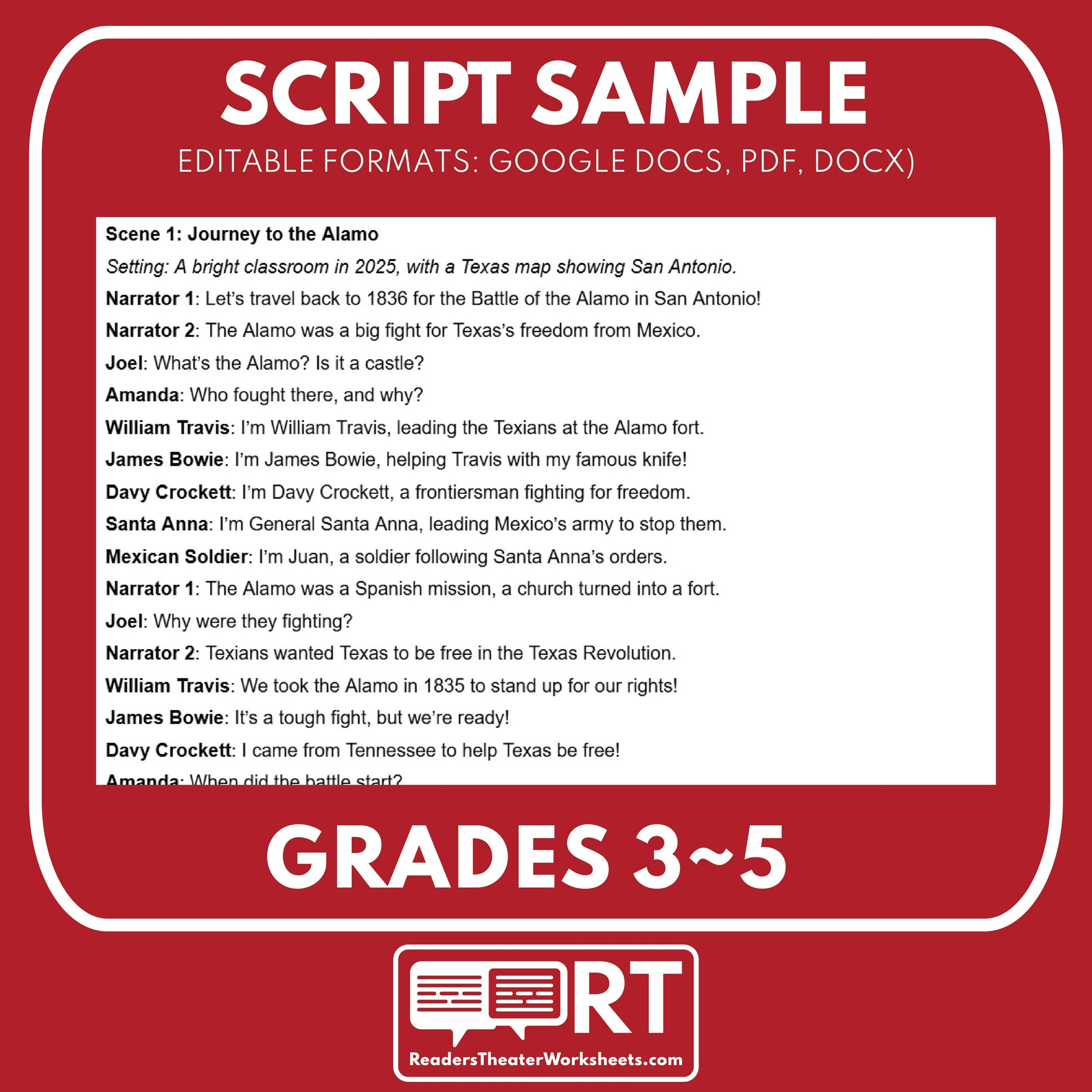 Battle of the Alamo Readers Theater Script | Grades 3-5 - ["Grades 3-5","Readers Theater","Texas State History"]