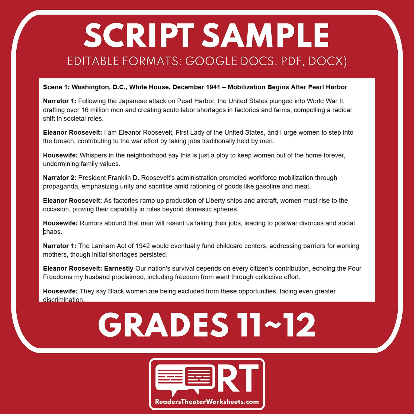 Rosie the Riveter & Social Changes Readers Theater Script (Grades 11-12) - ["Grades 9-12","U.S. History - WWII"]
