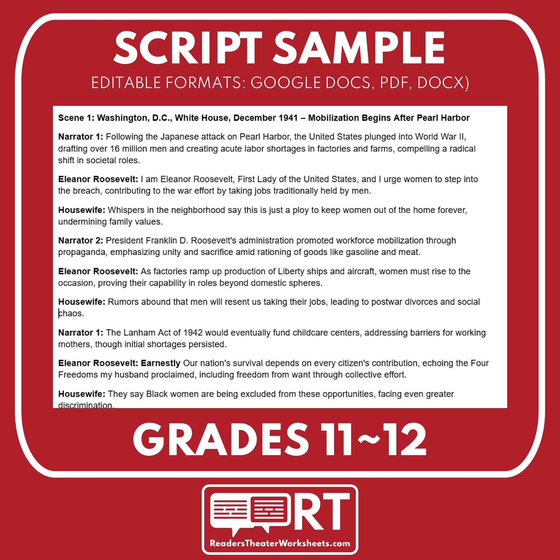 Rosie the Riveter & Social Changes Readers Theater Script (Grades 11-12) - ["Grades 9-12","U.S. History - WWII"]