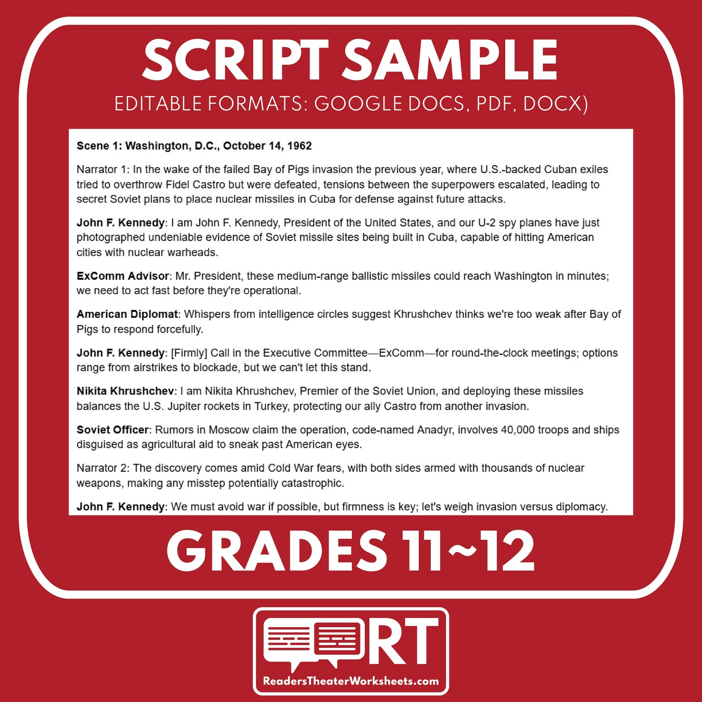 The Cuban Missile Crisis (1962) Readers Theater Script (Grades 11-12) - ["Grades 9-12","U.S. History - Cold War & Civil Rights"]