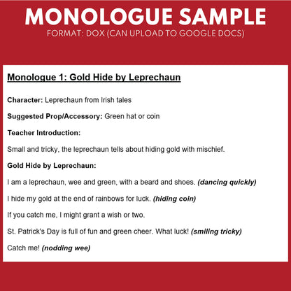 10 St. Patrick's Day Monologues | 10 Short Scripts For Grades 1 to 3 | No Prep Activity PDF