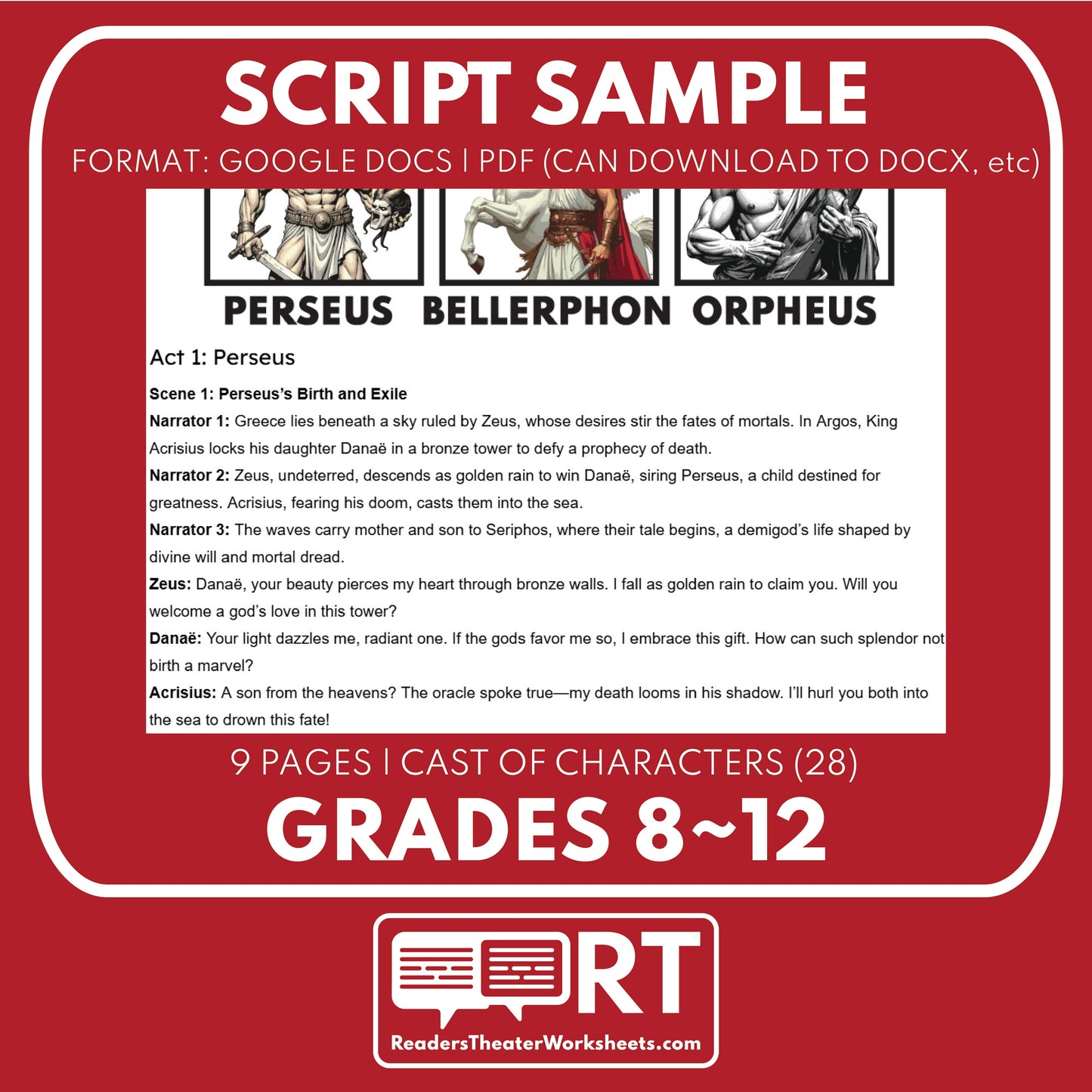 Perseus, Bellerophon & Orpheus Reader's Theater Script | Demigods | Greek Mythology - ["Grades 6-8","Grades 9-12","Greek Demigods","Greek Mythology","Greek Mythology for Google Classroom"]
