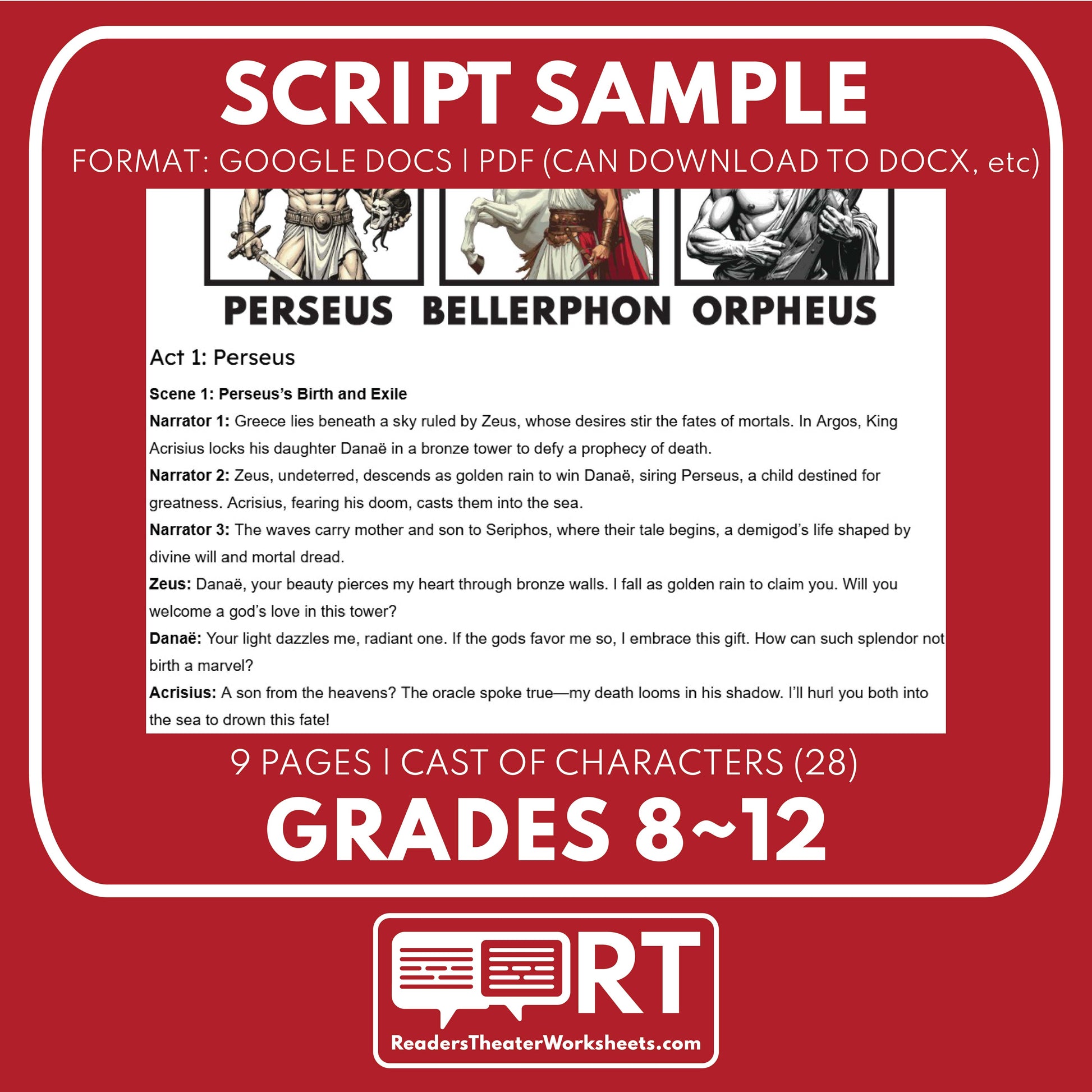 Perseus, Bellerophon & Orpheus Reader's Theater Script | Demigods | Greek Mythology - ["Grades 6-8","Grades 9-12","Greek Demigods","Greek Mythology","Greek Mythology for Google Classroom"]