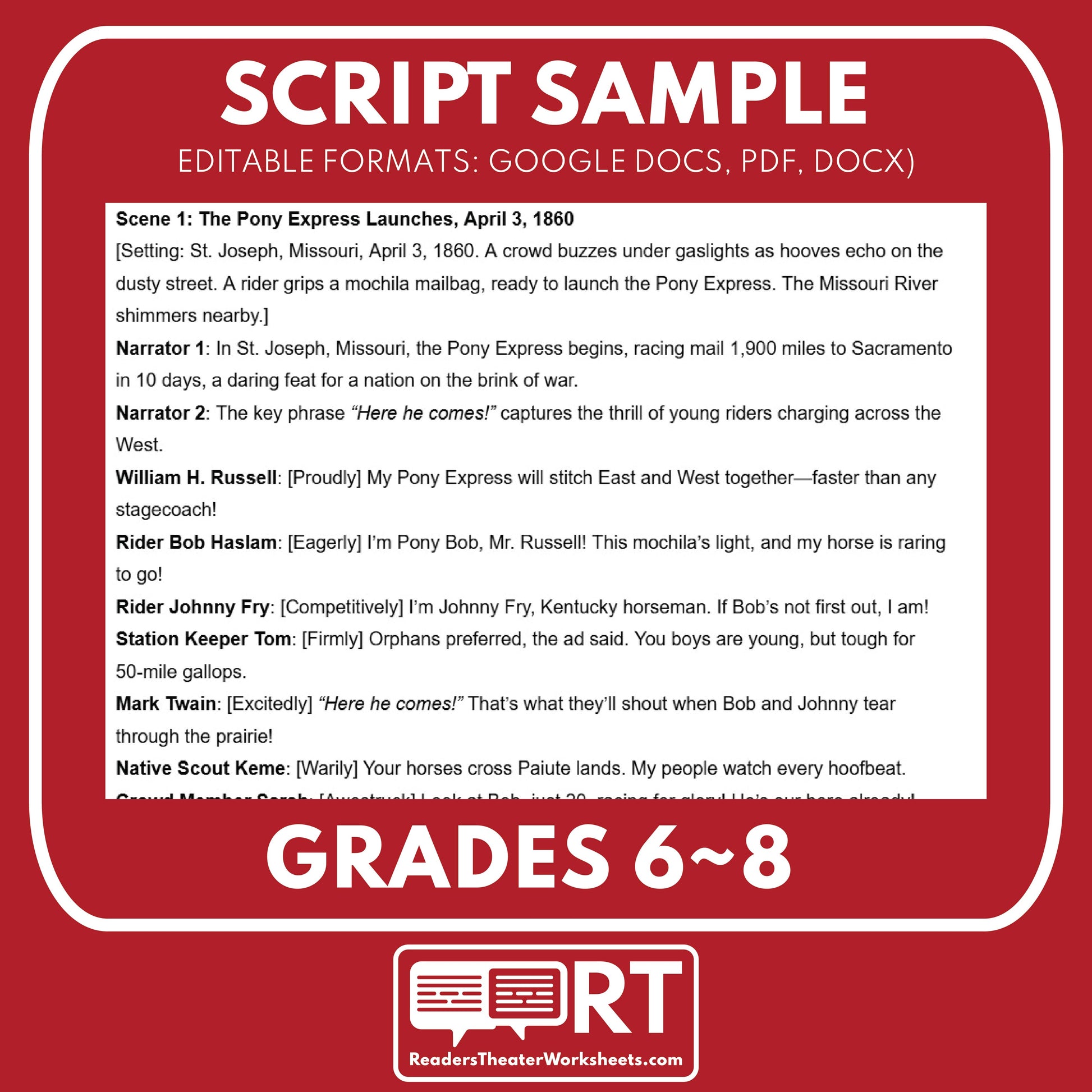 Pony Express Readers Theater Script | Grades 6‑8 - ["Grades 6-8","U.S. History - Westward Expansion (1801\u202f\u2013\u202f1861)"]
