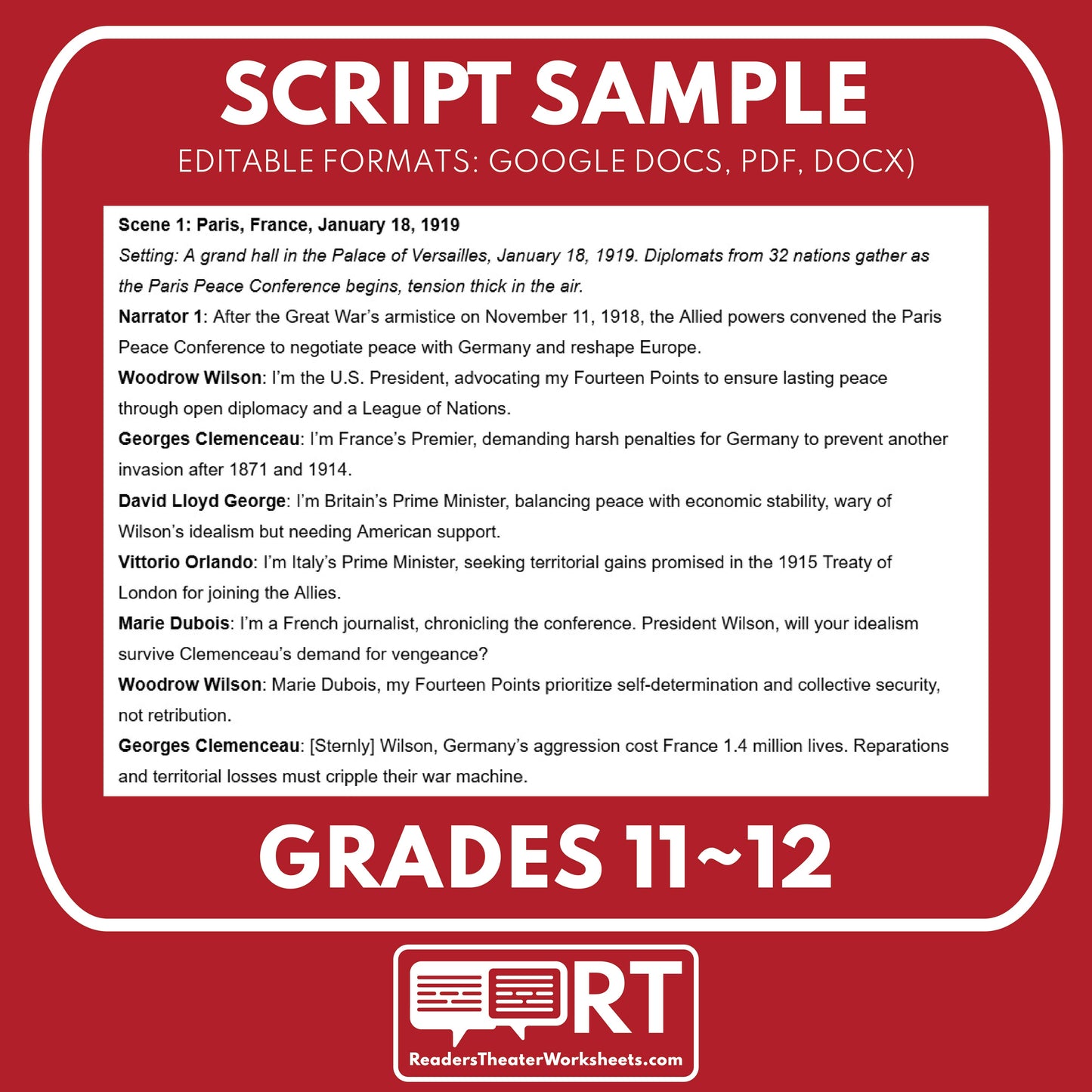 Versailles Treaty & League Debate – Readers Theater Script (Grades 11-12) - ["Grades 9-12","U.S. History - WWI"]