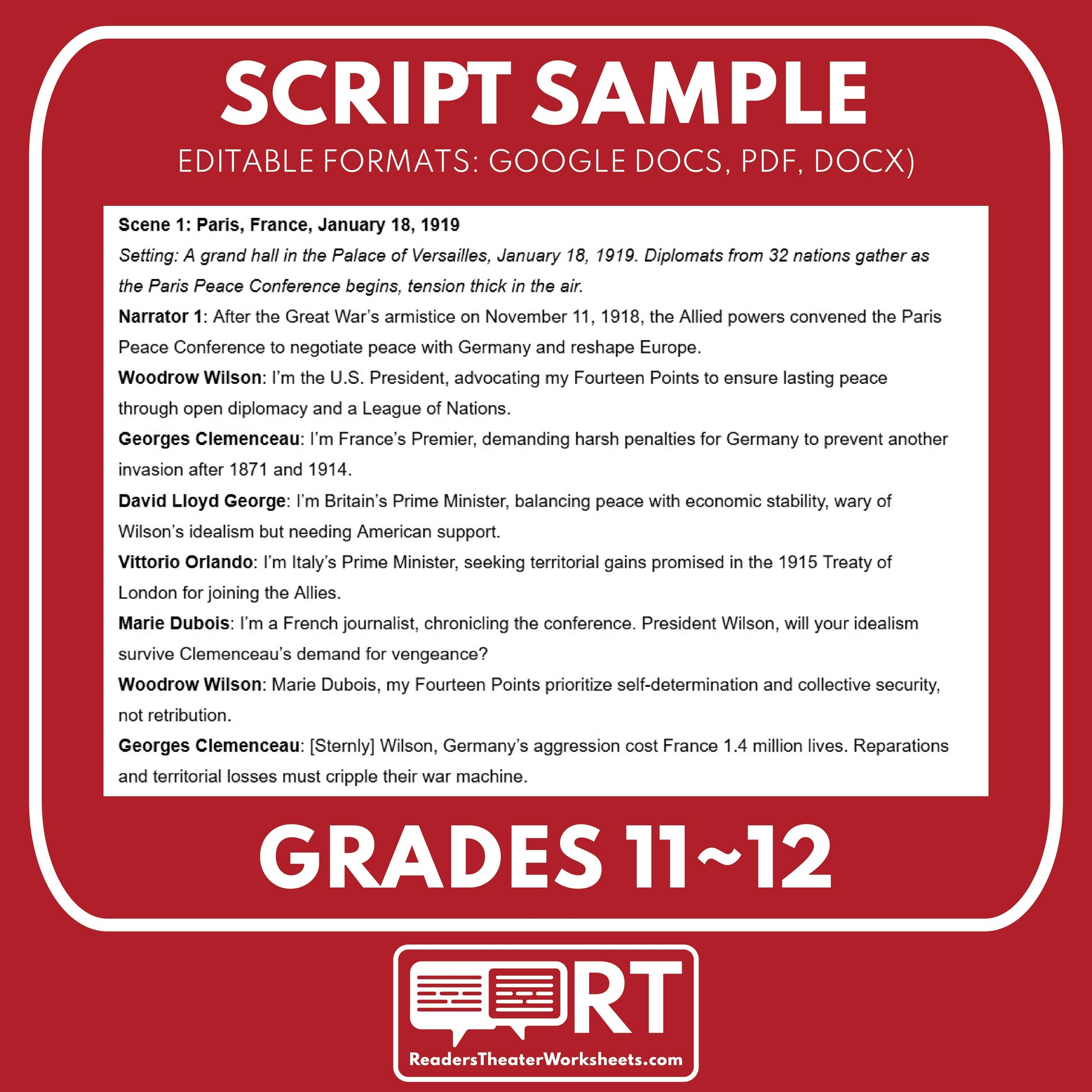 Versailles Treaty & League Debate – Readers Theater Script (Grades 11-12) - ["Grades 9-12","U.S. History - WWI"]
