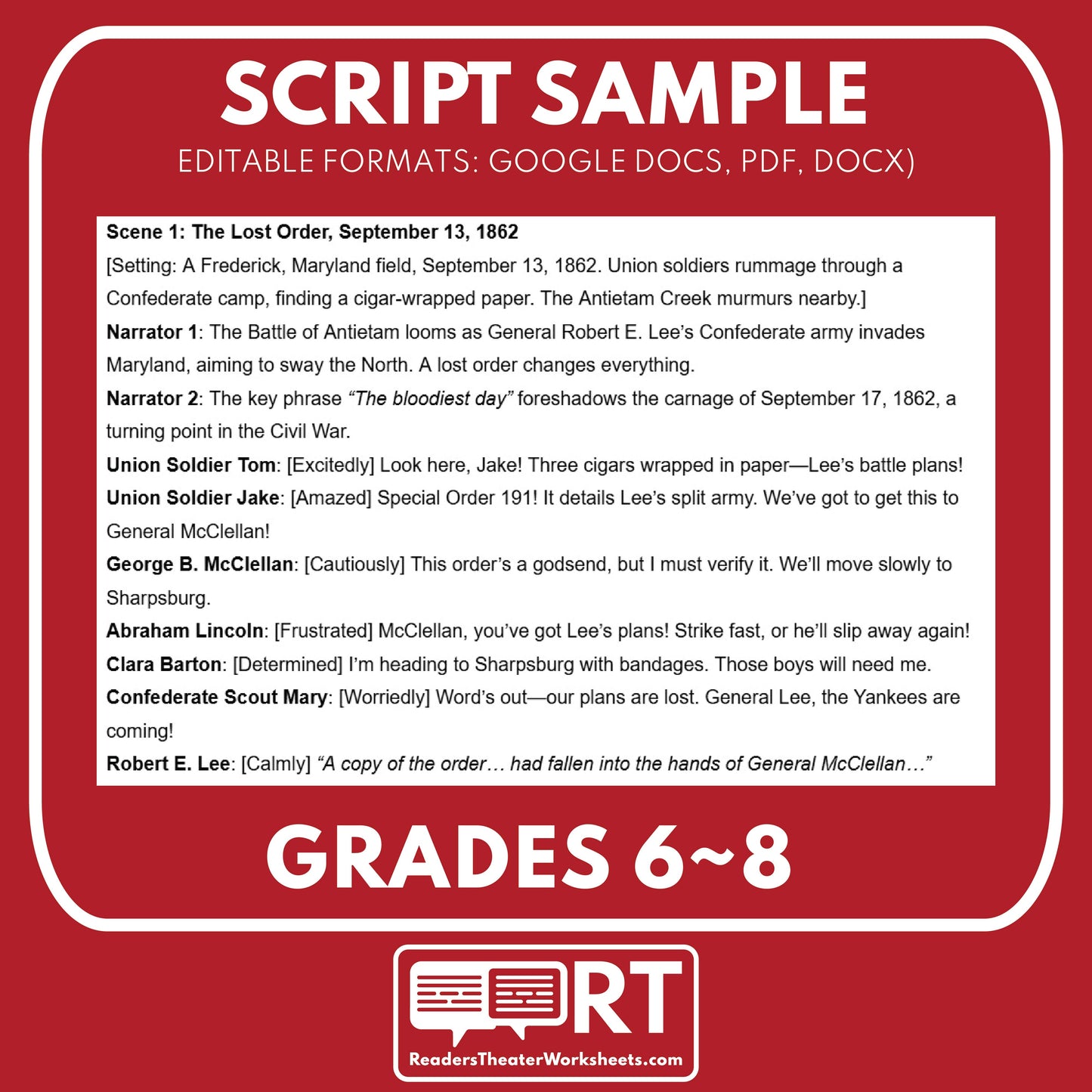 Battle of Antietam Readers Theater Script | Grades 6‑8 - ["Grades 6-8","U.S. History - Westward Expansion (1801\u202f\u2013\u202f1861)"]