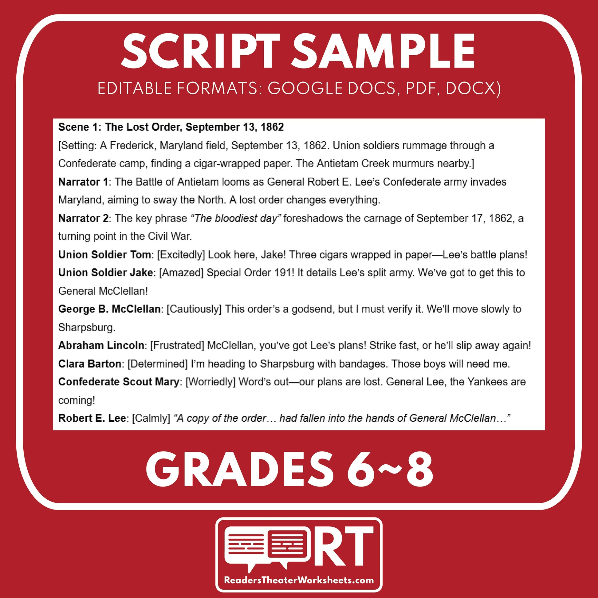Battle of Antietam Readers Theater Script | Grades 6‑8 - ["Grades 6-8","U.S. History - Westward Expansion (1801\u202f\u2013\u202f1861)"]