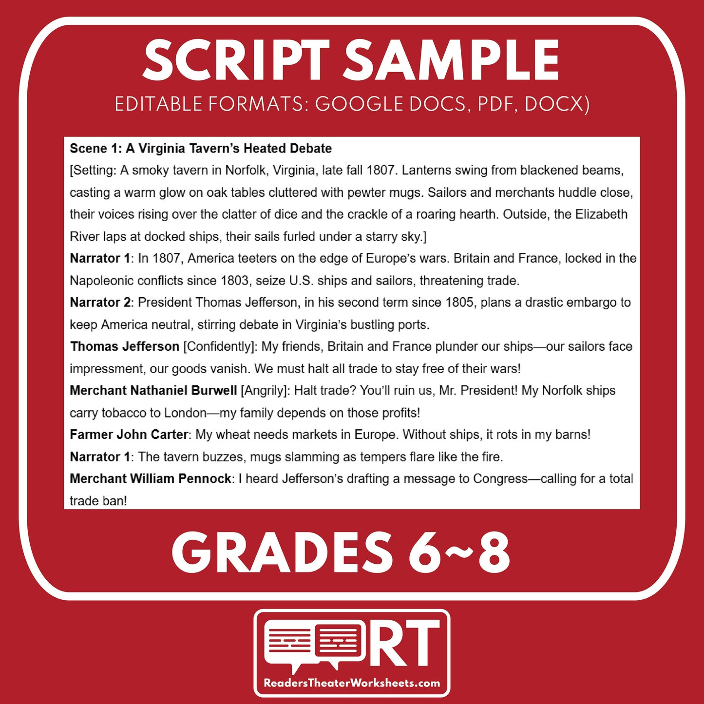 Embargo Act of 1807 Readers Theater Script | Grades 6-8 - ["Grades 6-8","U.S. History - Colonial America"]