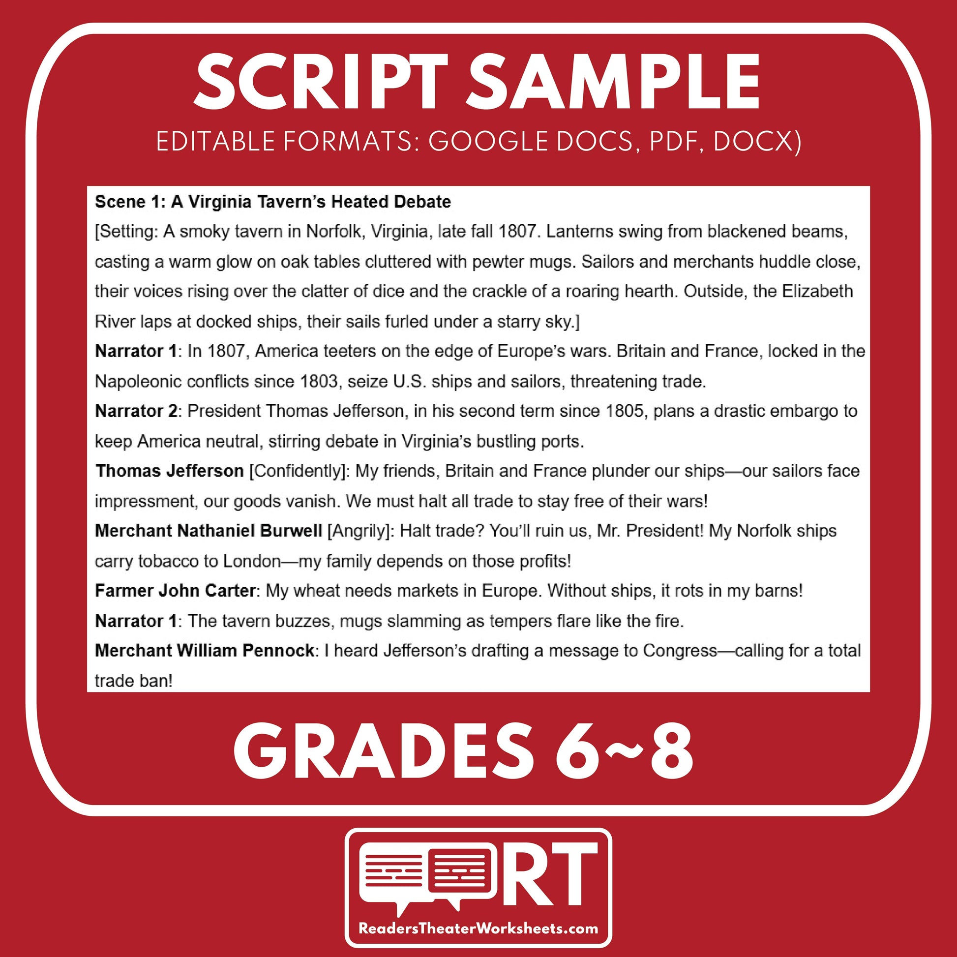 Embargo Act of 1807 Readers Theater Script | Grades 6-8 - ["Grades 6-8","U.S. History - Colonial America"]