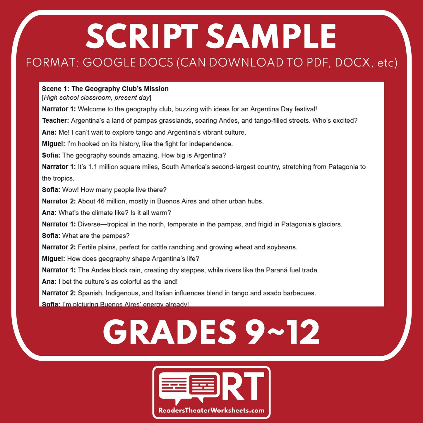 Argentina Readers Theater Script | Geography & Social Studies Class - ["Geography","Grades 6-8","Grades 9-12","Self-Graded Quiz"]