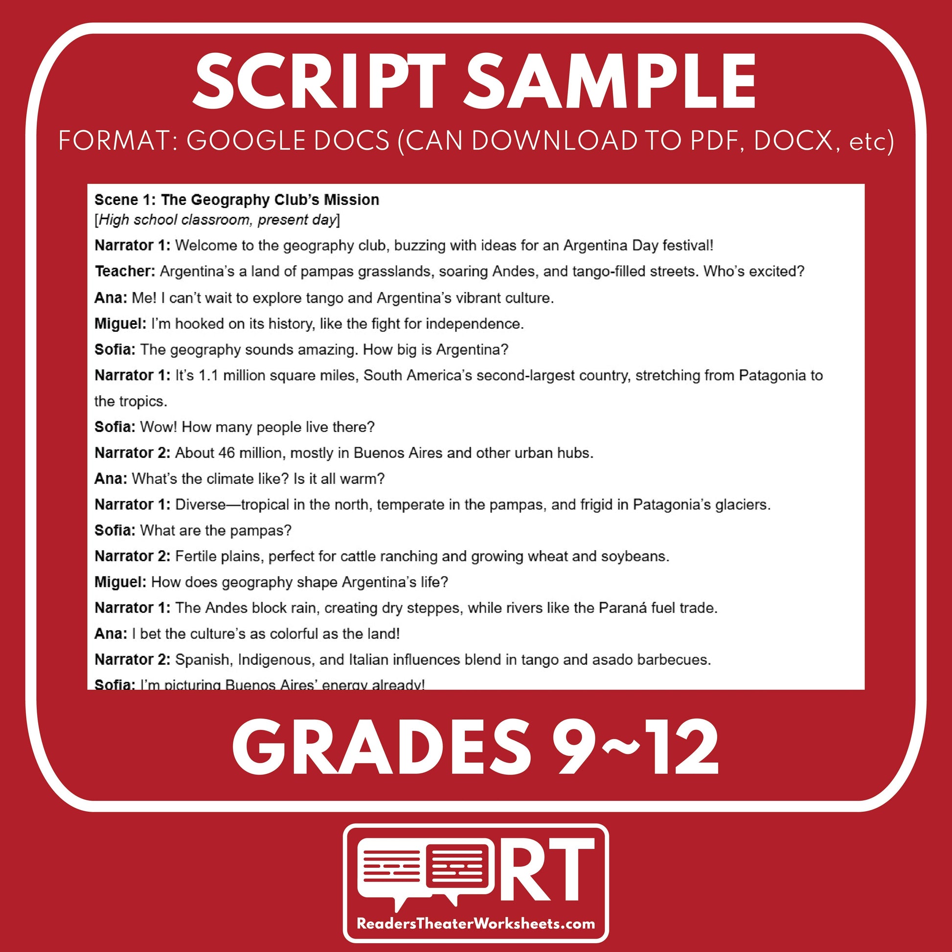 Argentina Readers Theater Script | Geography & Social Studies Class - ["Geography","Grades 6-8","Grades 9-12","Self-Graded Quiz"]