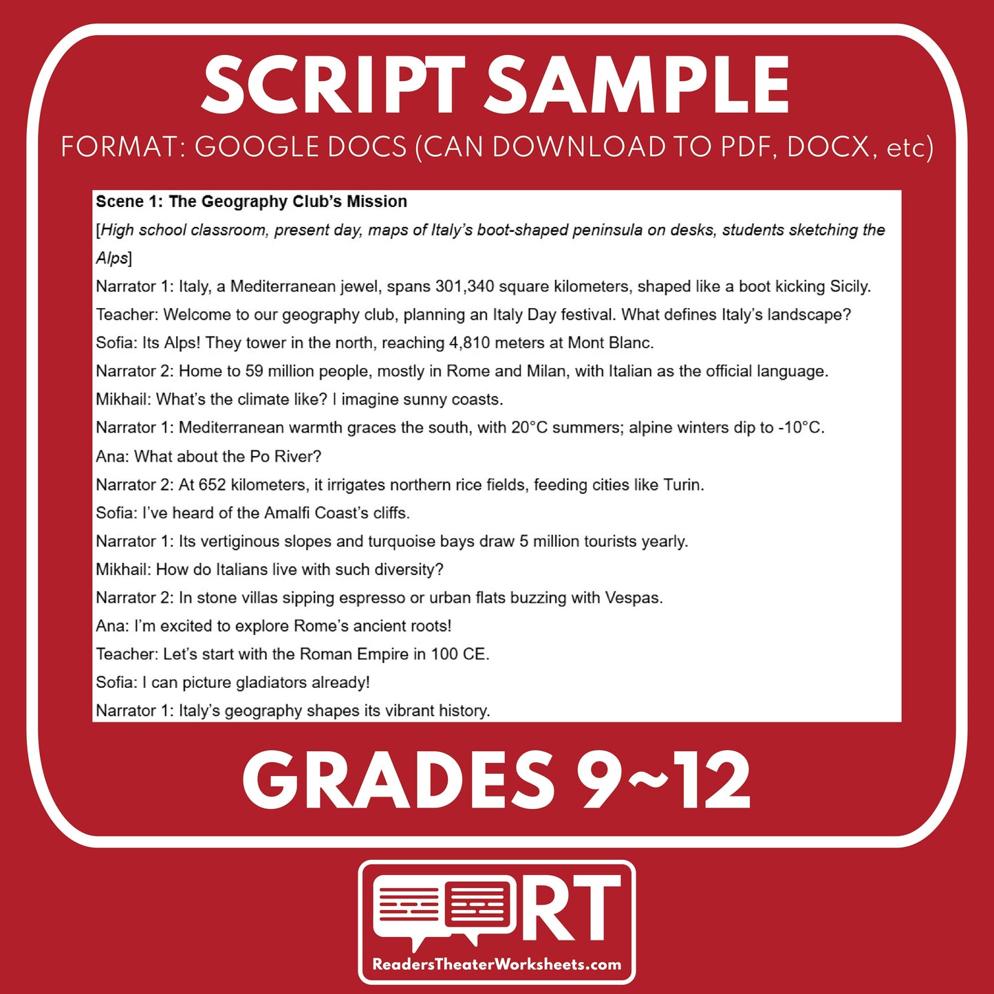 Italy Readers Theater Script | Geography & Social Studies Class - ["Geography","Grades 6-8","Grades 9-12","Self-Graded Quiz"]