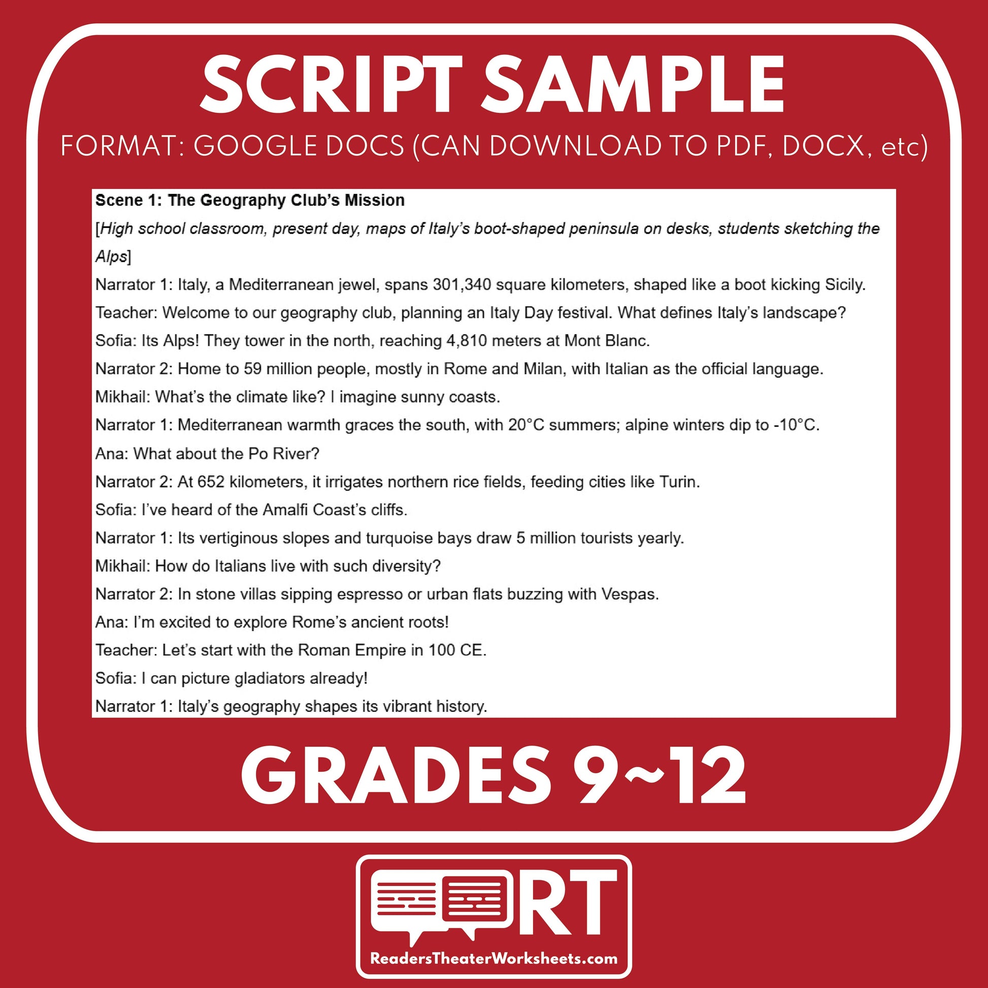 Italy Readers Theater Script | Geography & Social Studies Class - ["Geography","Grades 6-8","Grades 9-12","Self-Graded Quiz"]