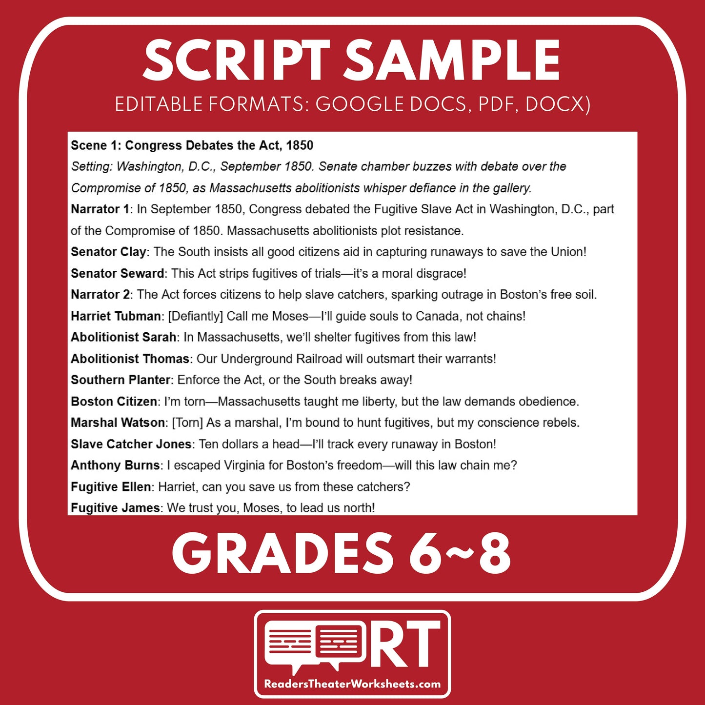 Fugitive Slave Act of 1850 Readers Theater Script | Grades 6‑8 - ["Grades 6-8","U.S. History - Westward Expansion (1801\u202f\u2013\u202f1861)"]