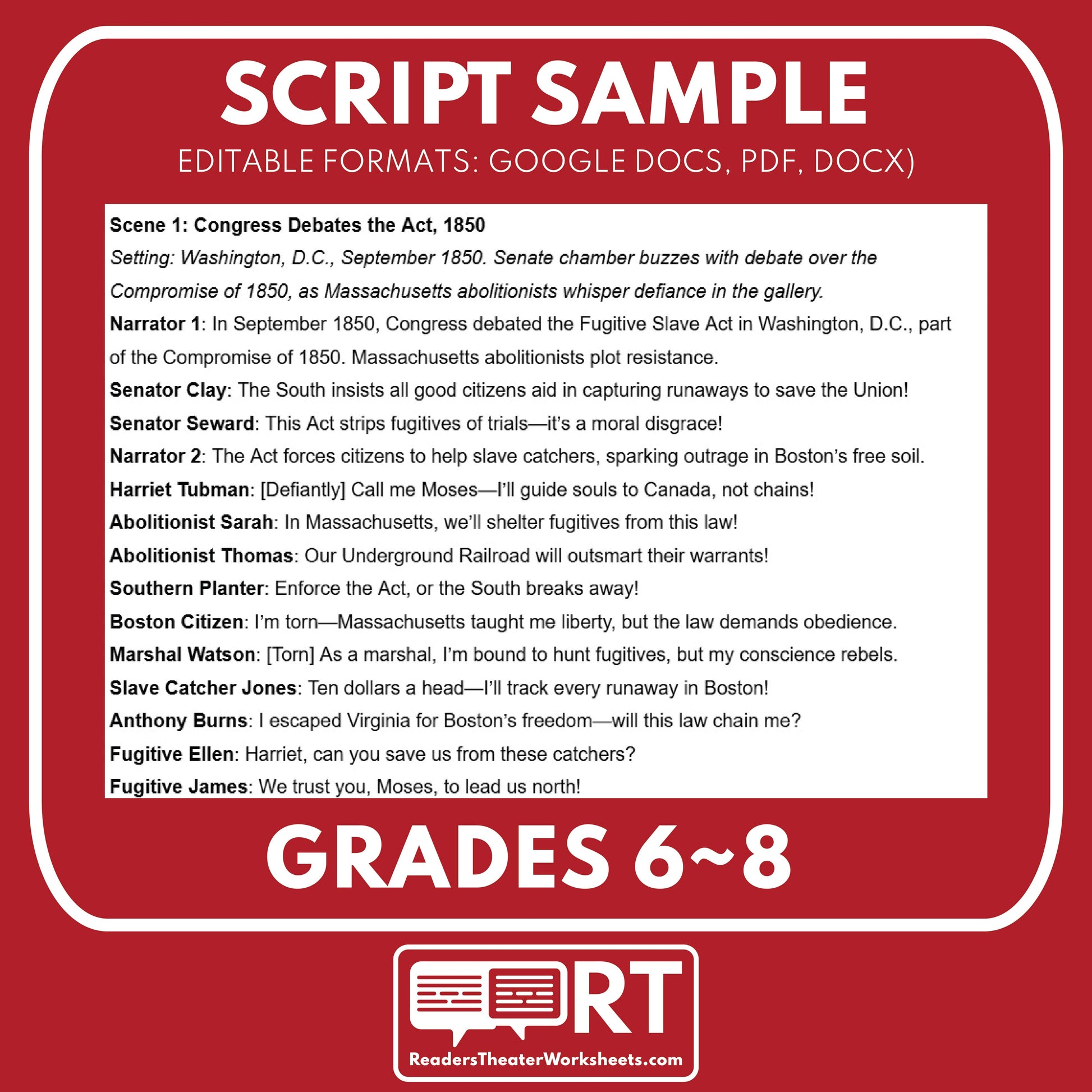 Fugitive Slave Act of 1850 Readers Theater Script | Grades 6‑8 - ["Grades 6-8","U.S. History - Westward Expansion (1801\u202f\u2013\u202f1861)"]