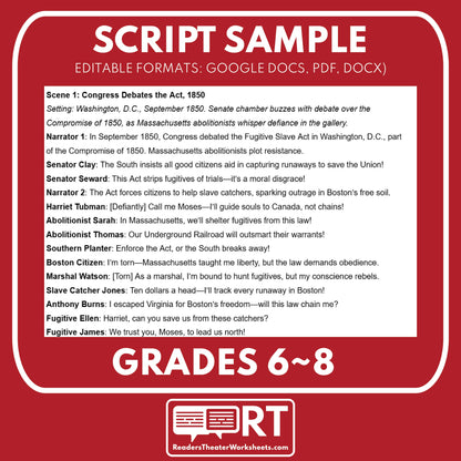 Fugitive Slave Act of 1850 Readers Theater Script | Grades 6‑8 - ["Grades 6-8","U.S. History - Westward Expansion (1801\u202f\u2013\u202f1861)"]