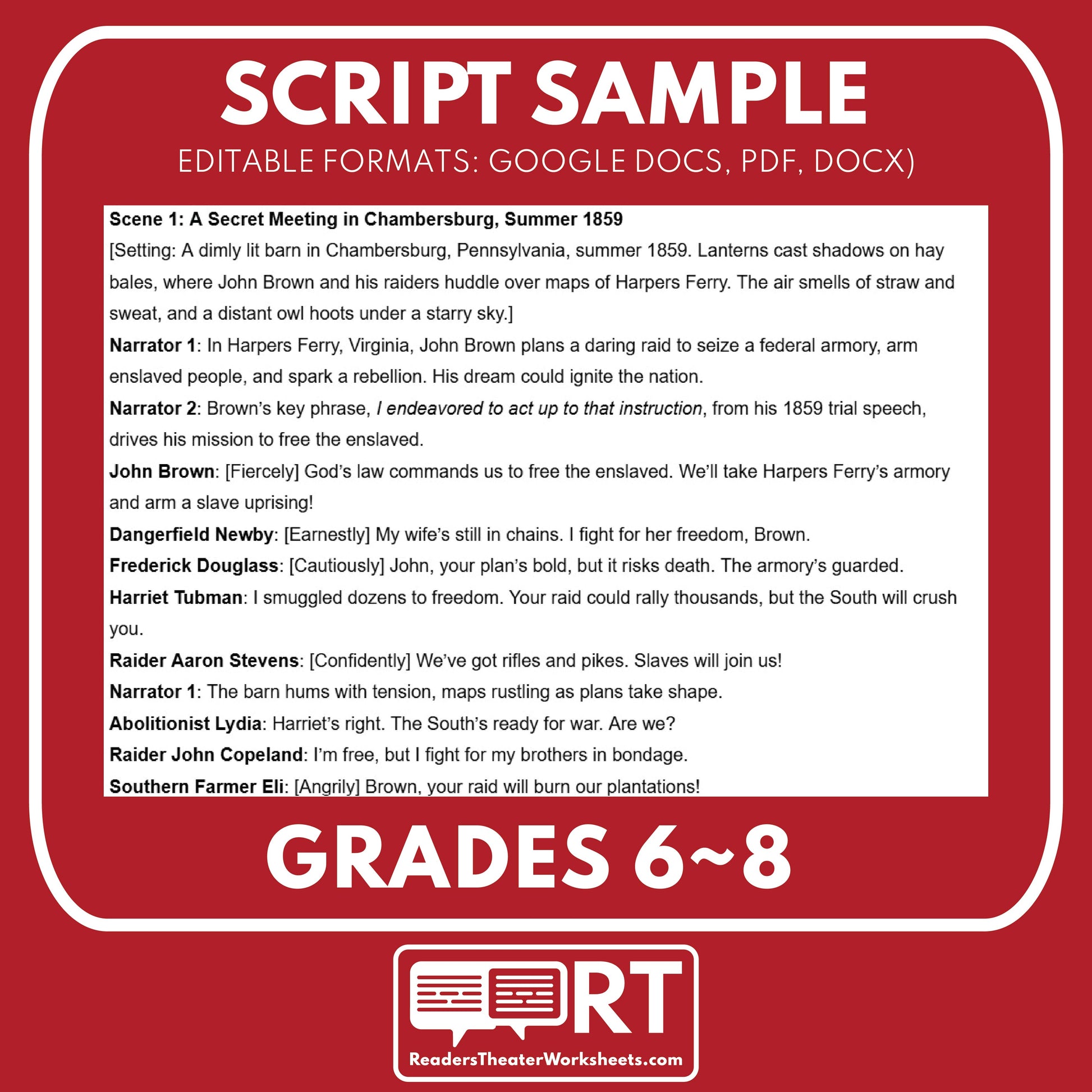 John Brown’s Raid on Harpers Ferry Readers Theater Script | Grades 6‑8 - ["Grades 6-8","U.S. History - Westward Expansion (1801\u202f\u2013\u202f1861)"]