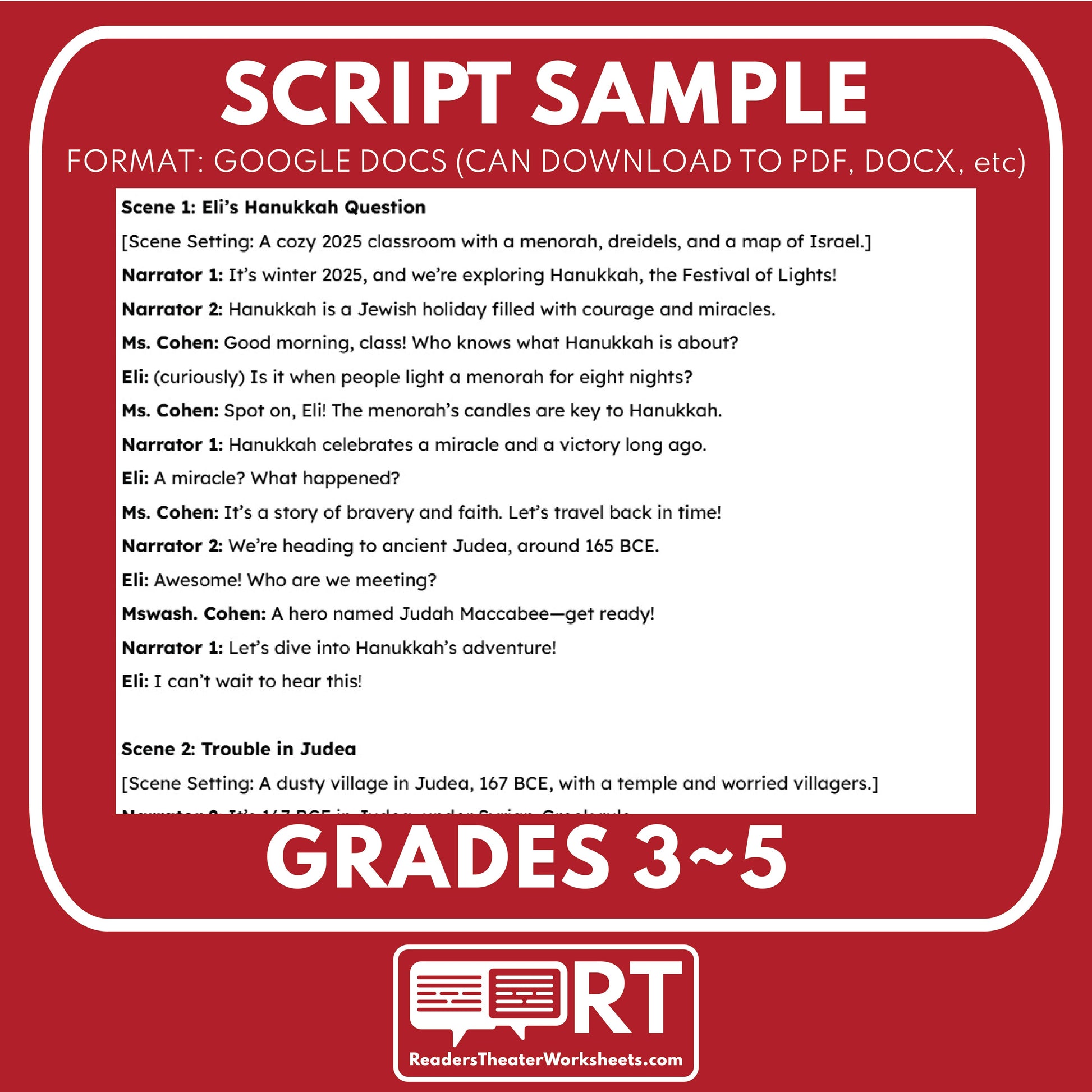 Hanukkah Holiday Readers Theater Script for Grades 3 to 5 | Jewish Festival - ["Grades 3-5","Holidays Around the World","Small Groups"]