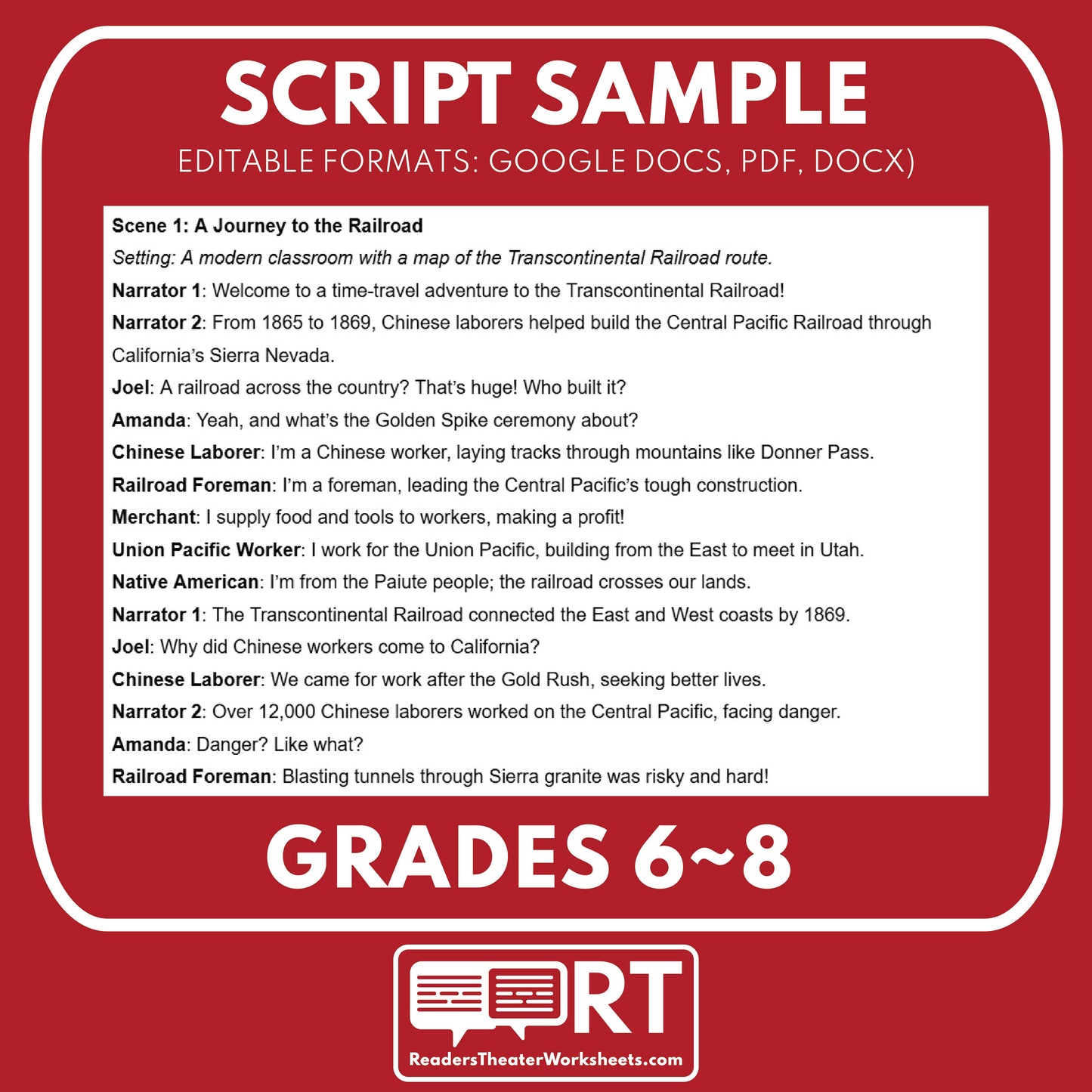 Transcontinental Railroad & Chinese Laborers Readers Theater Script | Grades 7-8 - ["CA State History","Grades 6-8","Readers Theater"]