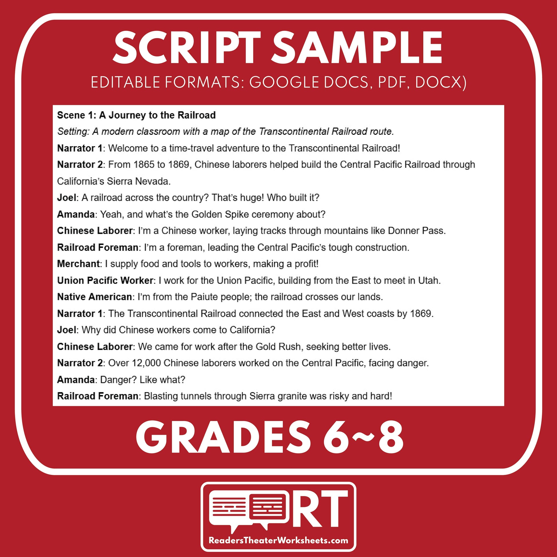 Transcontinental Railroad & Chinese Laborers Readers Theater Script | Grades 7-8 - ["CA State History","Grades 6-8","Readers Theater"]